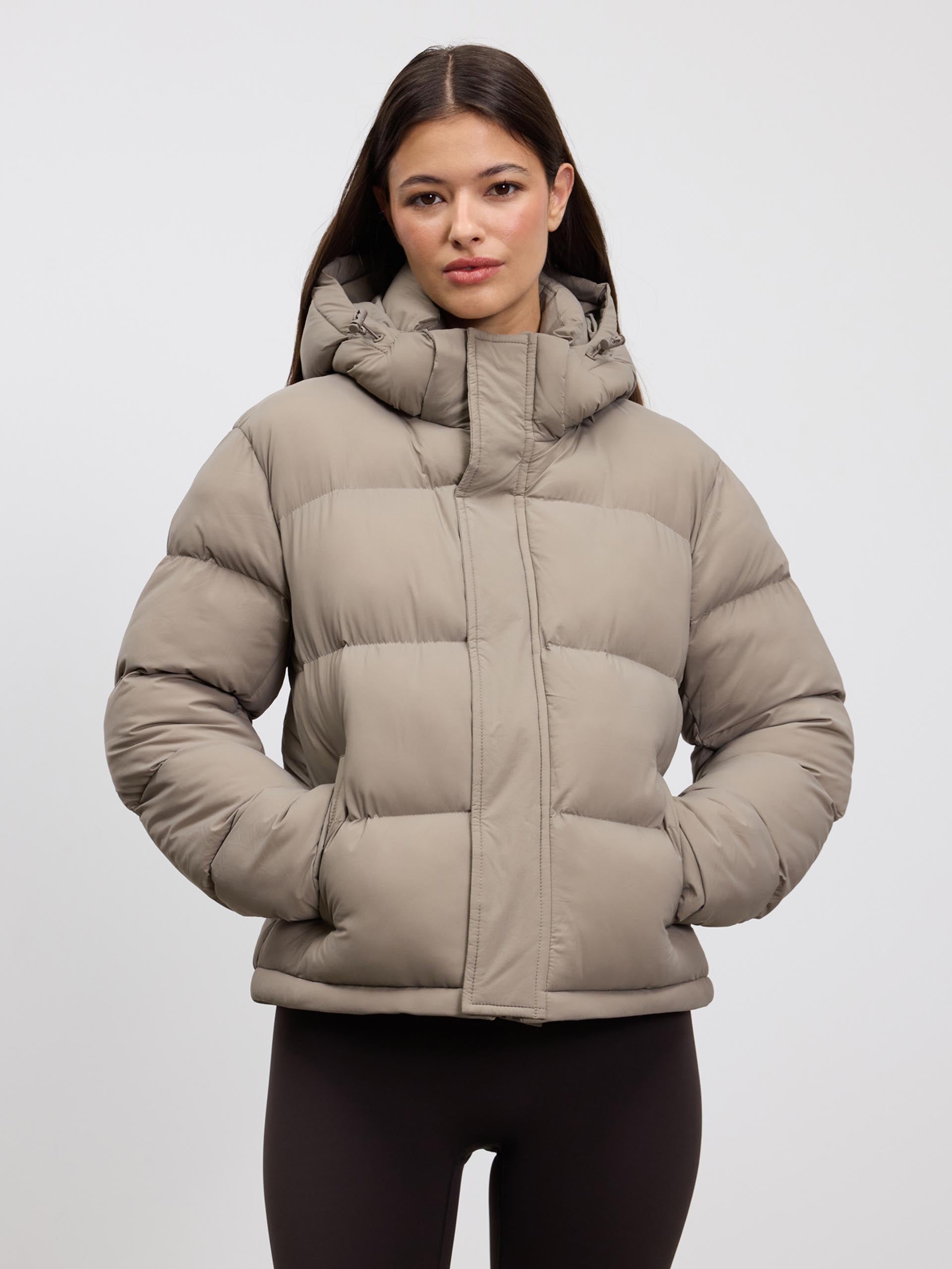Womens Short Length Puffer Jacket in Stone