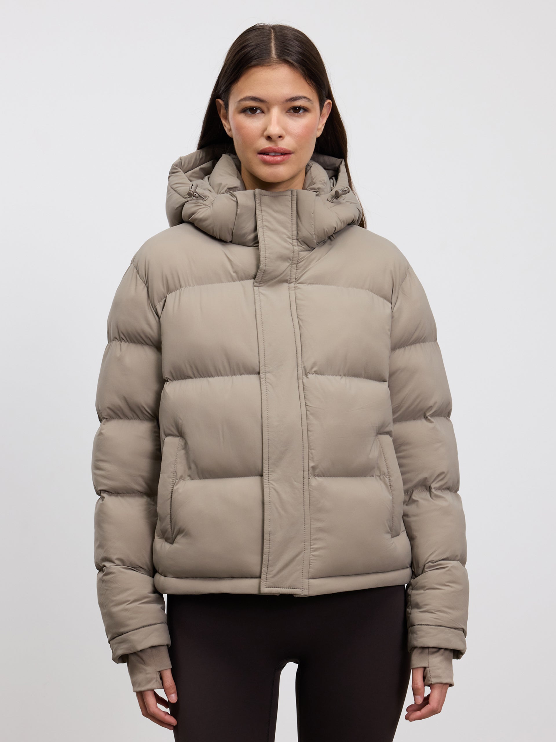 Womens Short Length Puffer Jacket in Stone