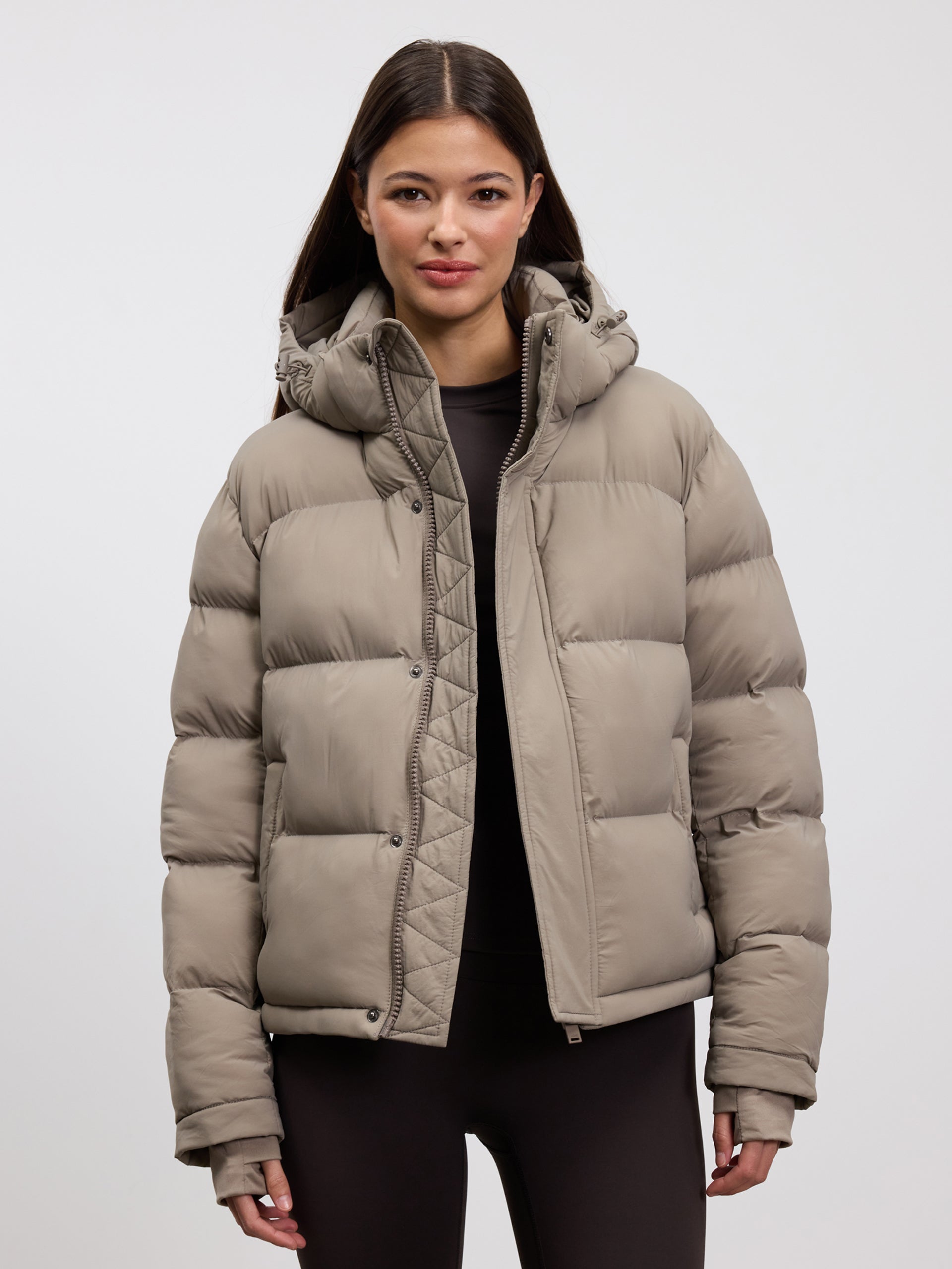 Womens Short Length Puffer Jacket in Stone