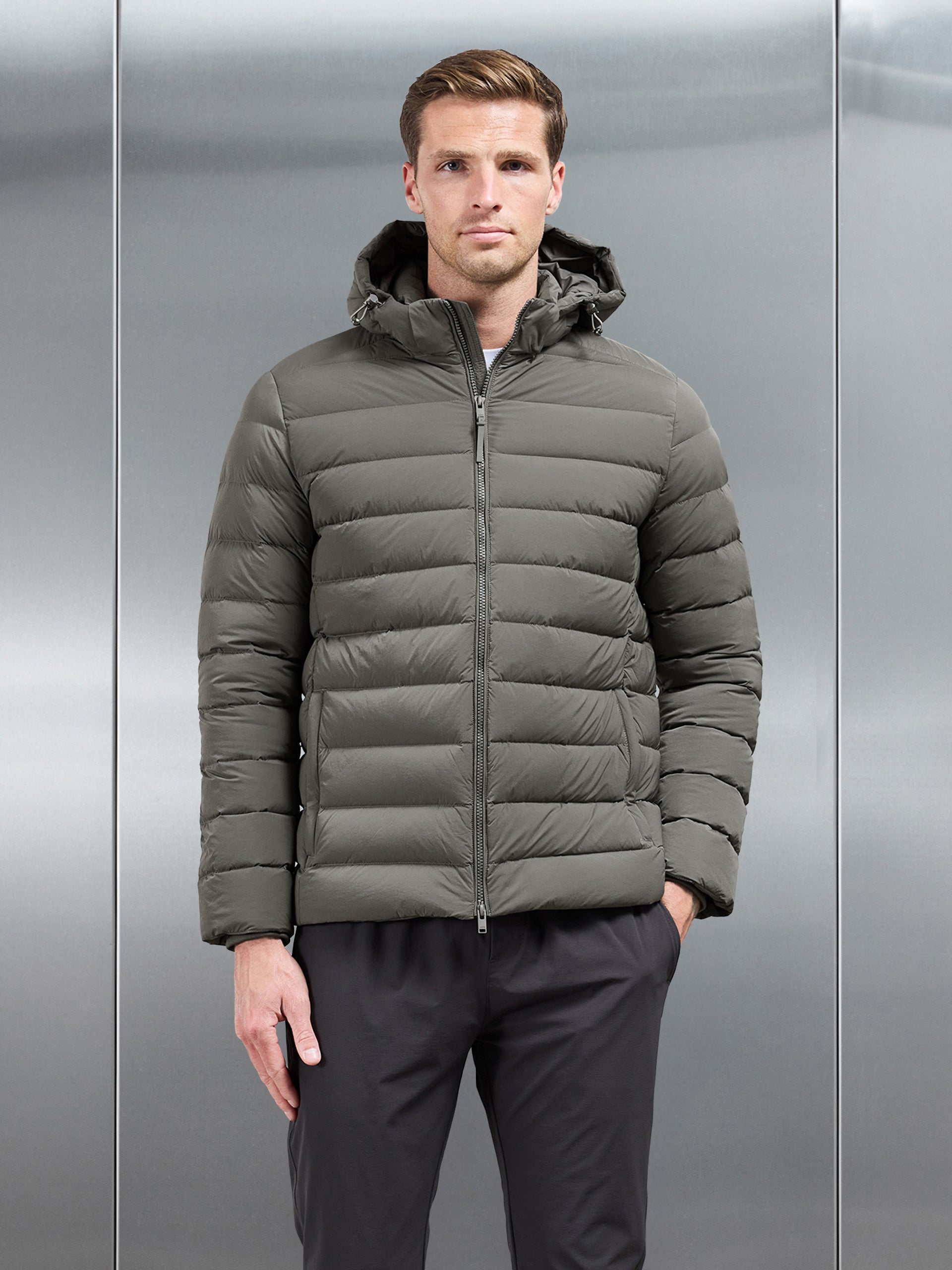 Short Technical Down Jacket in Olive
