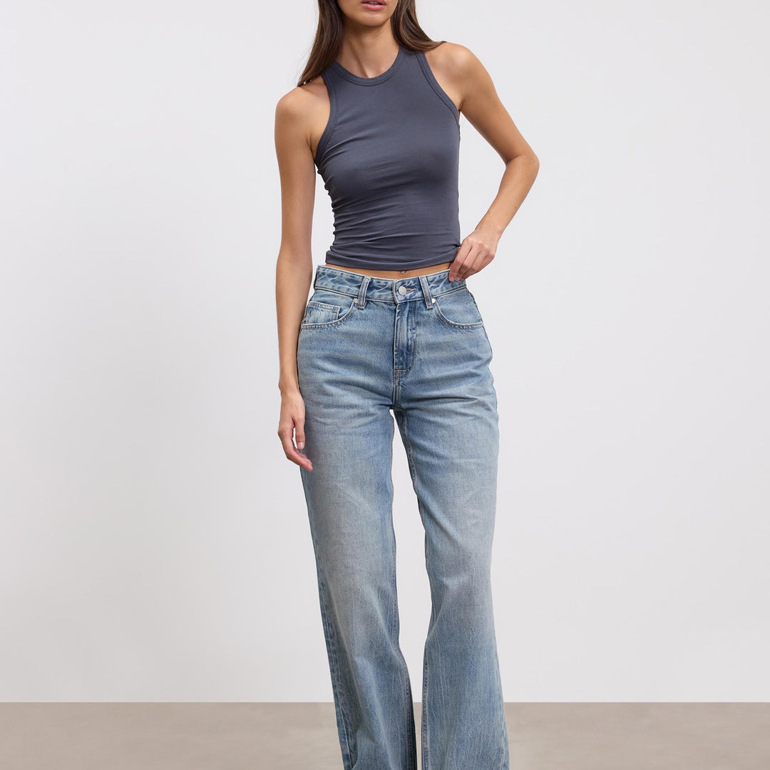 Womens Mid Rise Straight Denim Jean in Mid Blue