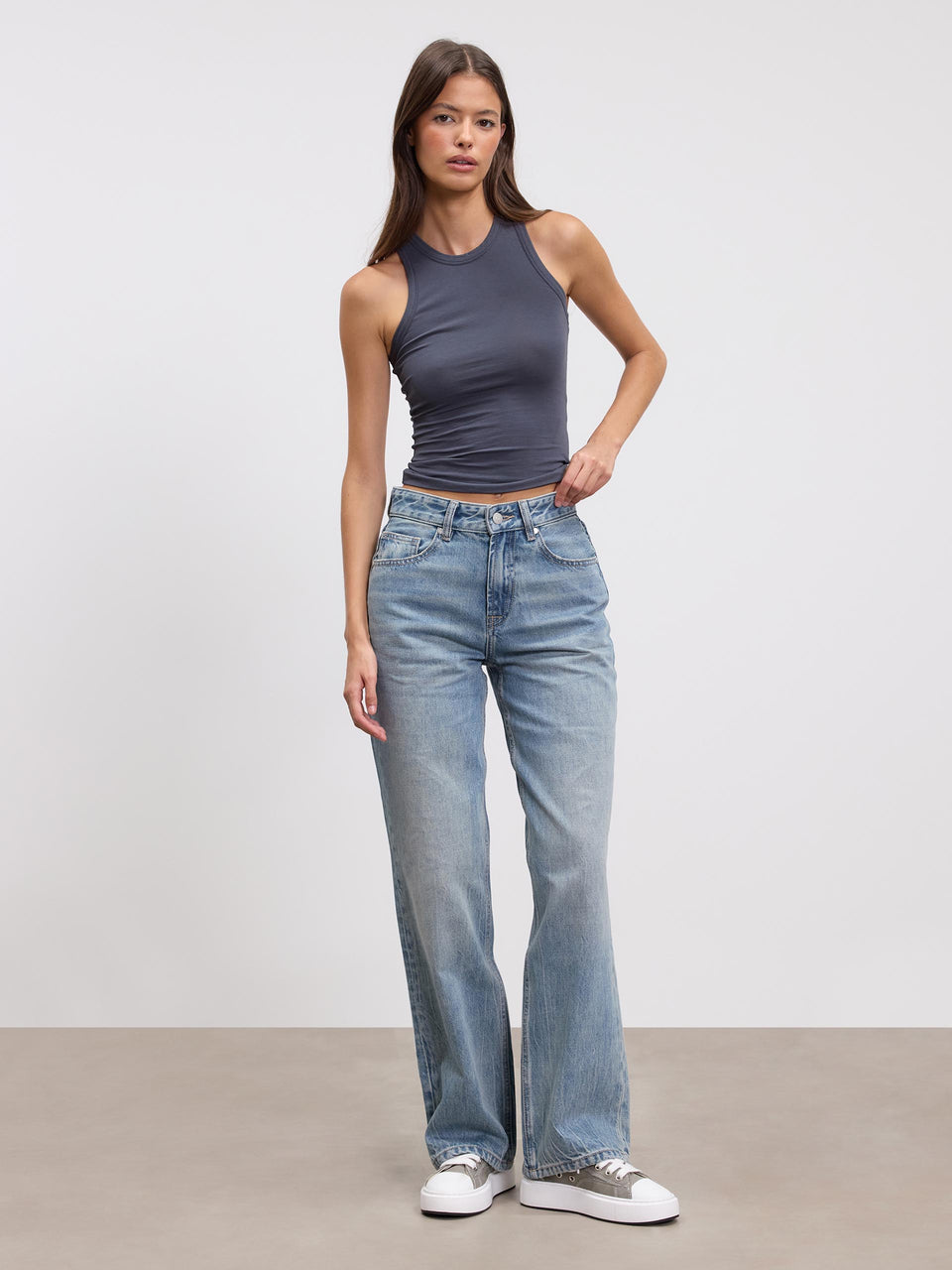 Womens Mid Rise Straight Denim Jean in Mid Blue