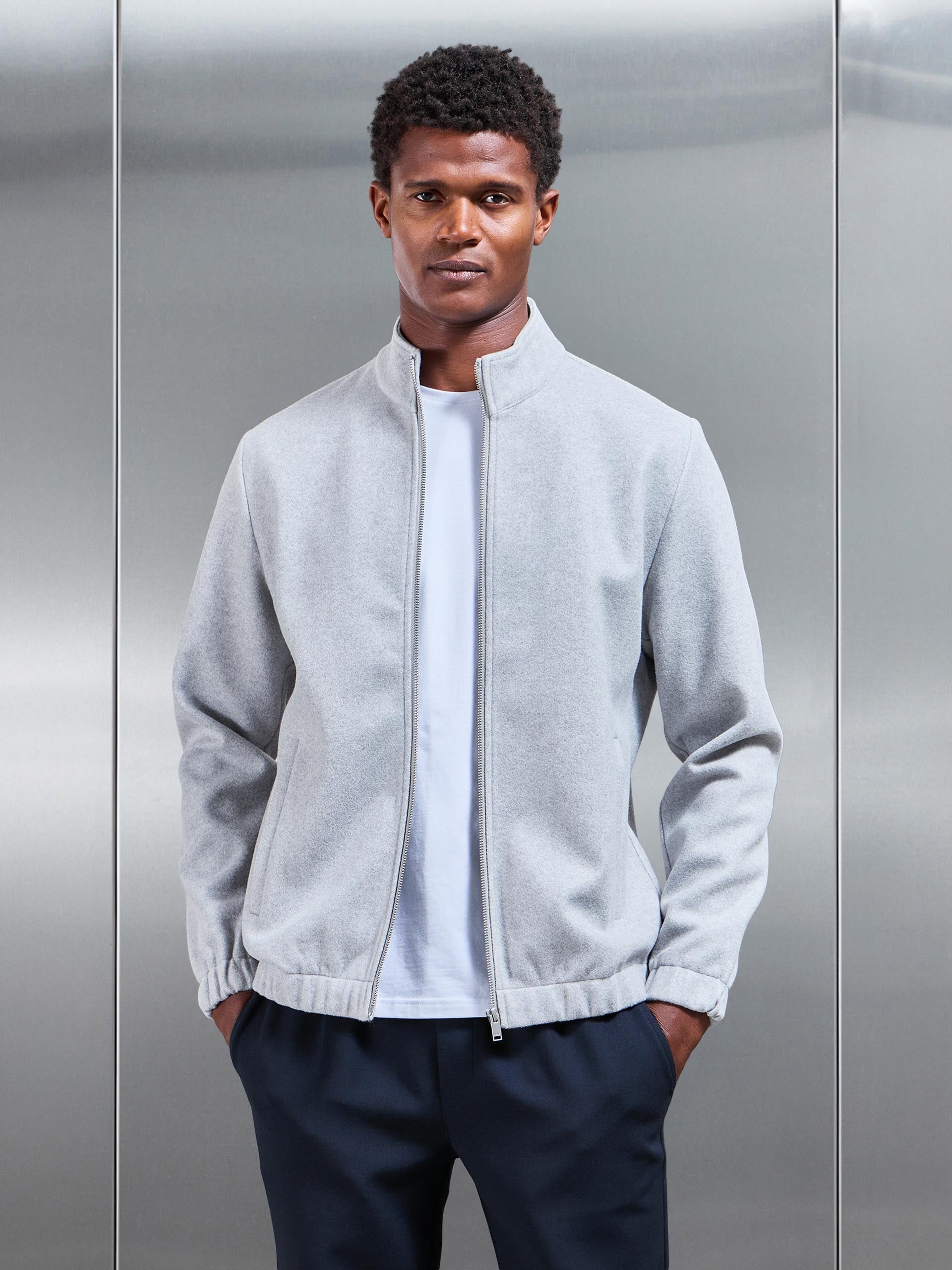 Soft Touch Knitted Funnel Neck Jacket in Marl Grey