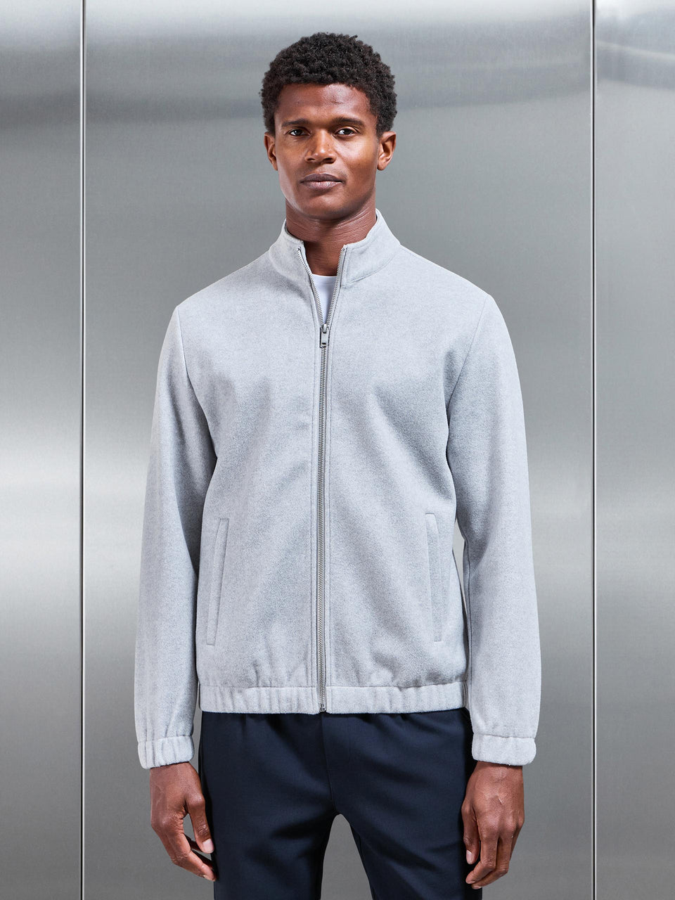 Soft Touch Knitted Funnel Neck Jacket in Marl Grey