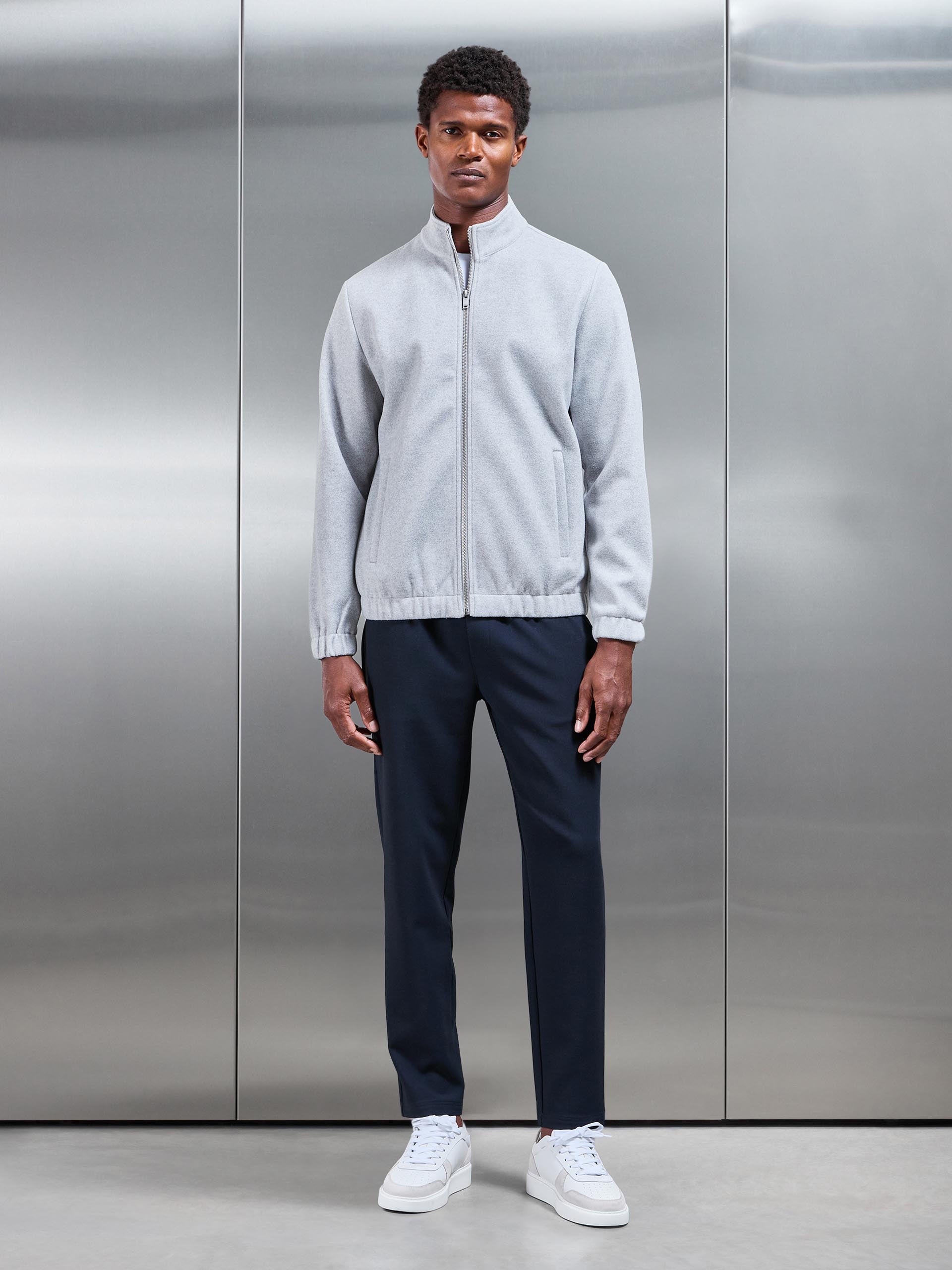 Soft Touch Knitted Funnel Neck Jacket in Marl Grey