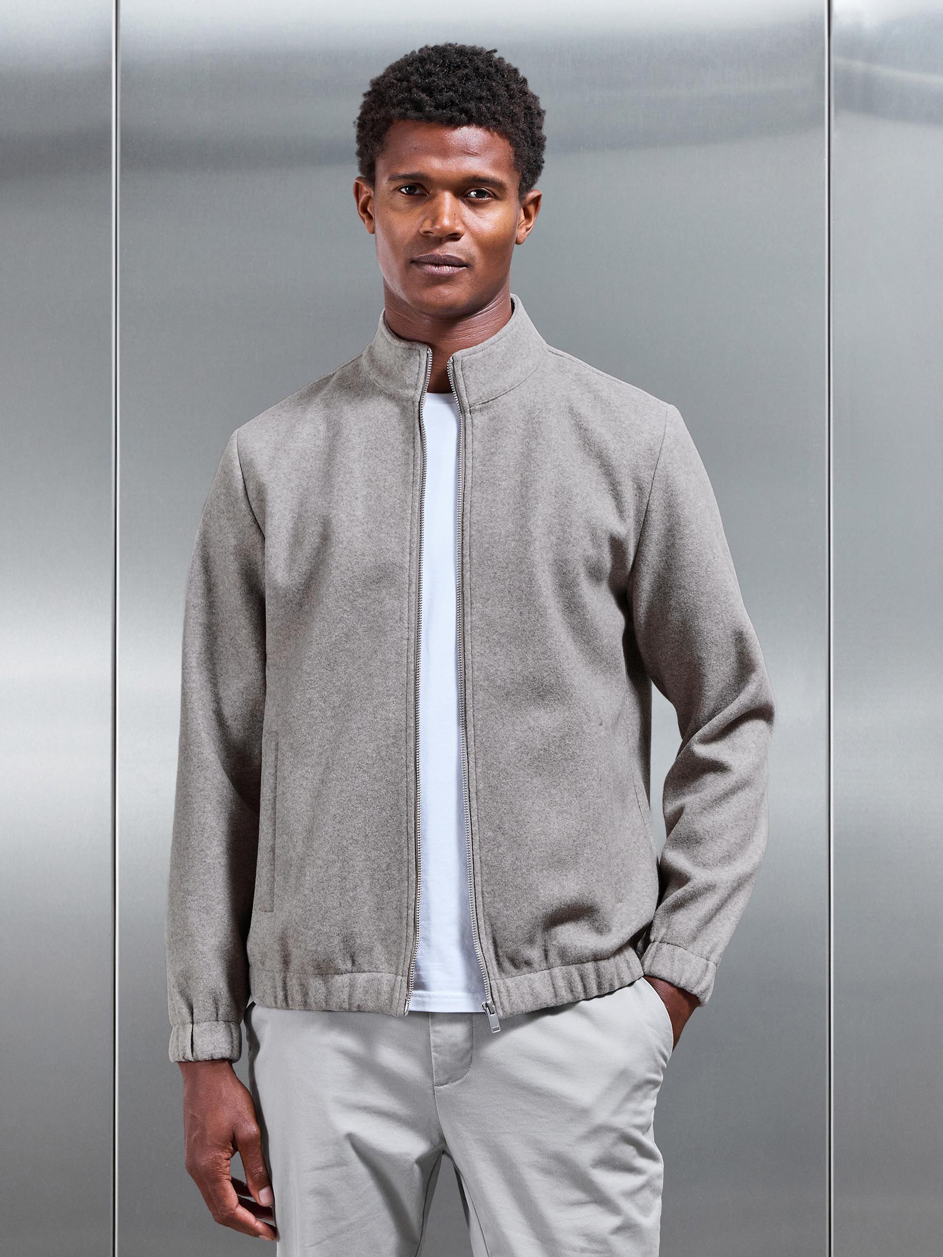 Soft Touch Knitted Funnel Neck Jacket in Taupe
