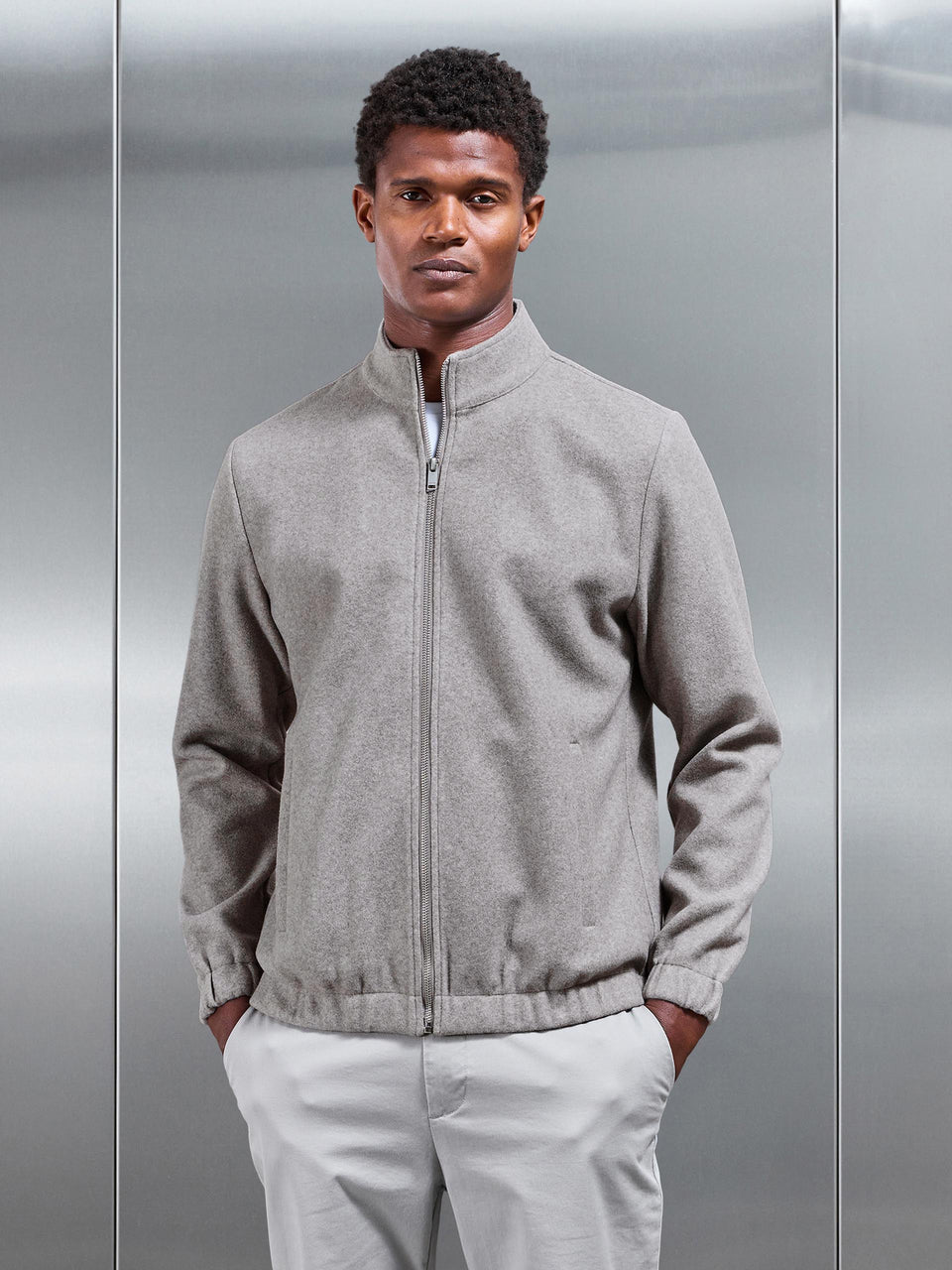 Soft Touch Knitted Funnel Neck Jacket in Taupe