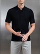 Square Textured Knitted Button Polo Shirt in Black
