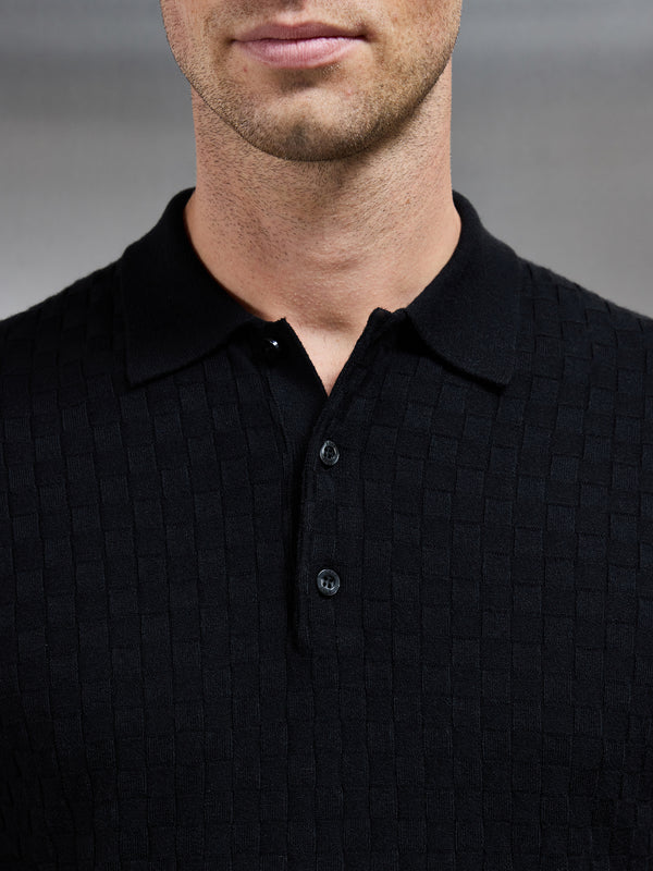 Square Textured Knitted Button Polo Shirt in Black