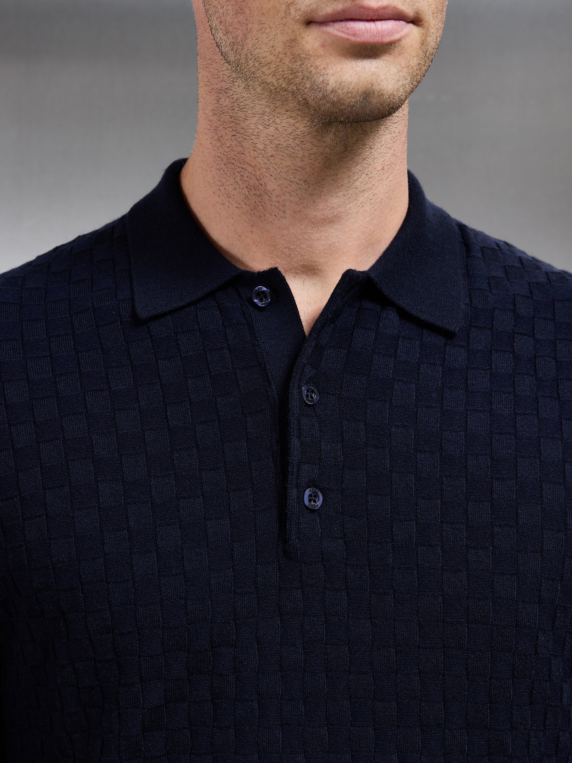 Square Textured Knitted Button Polo Shirt in Navy