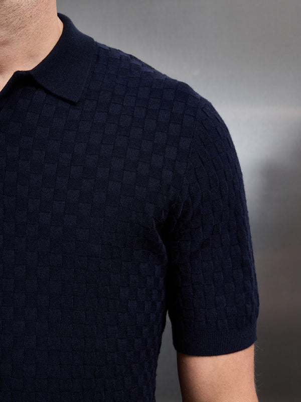 Square Textured Knitted Button Polo Shirt in Navy