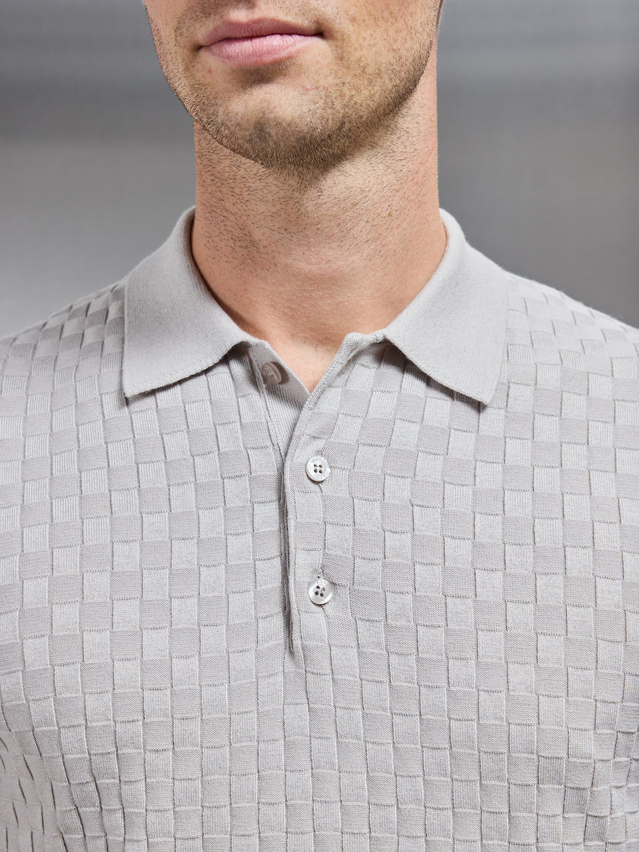 Square Textured Knitted Button Polo Shirt in Stone