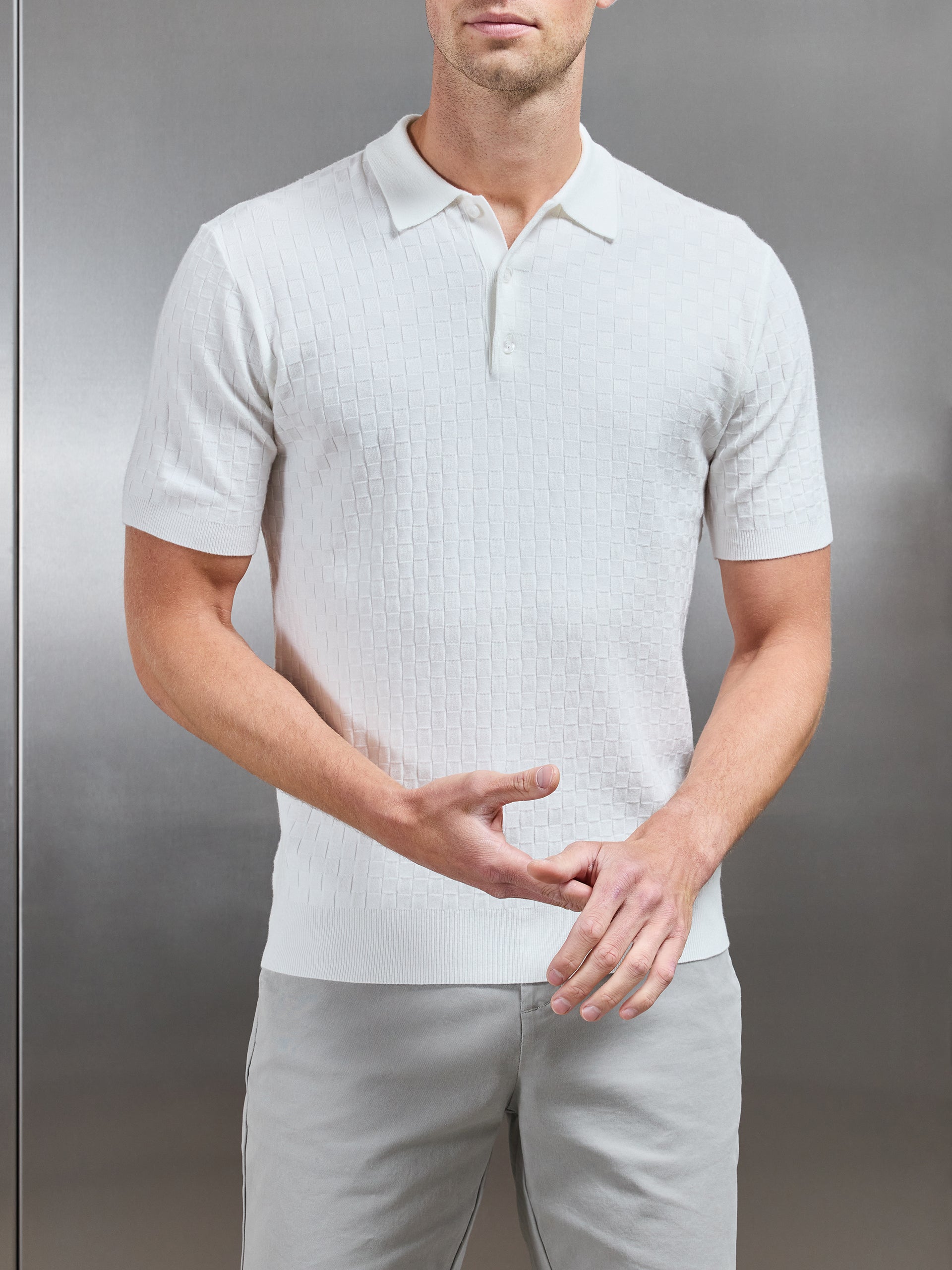 Square Textured Knitted Button Polo Shirt in White