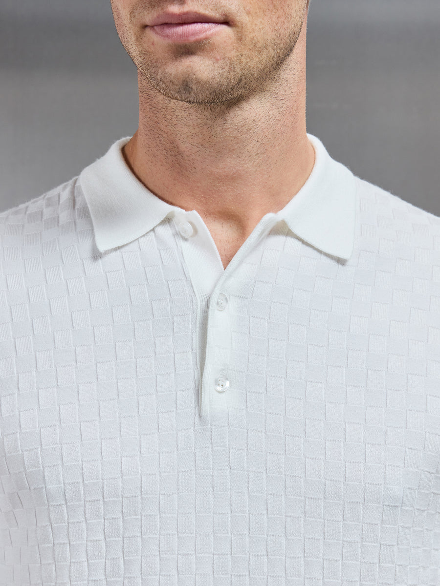 Square Textured Knitted Button Polo Shirt in White