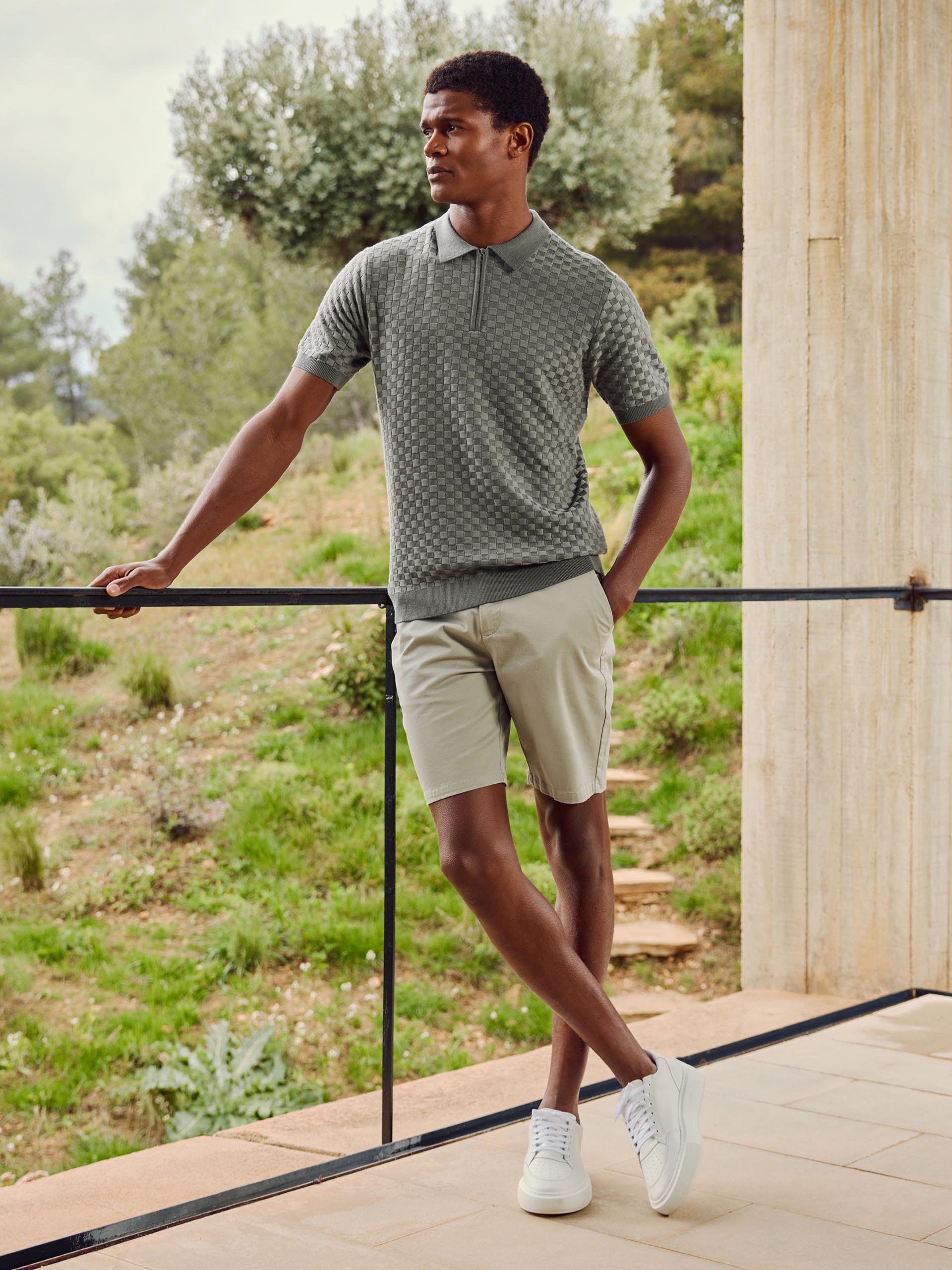 Square Contrast Textured Polo Shirt in Sage