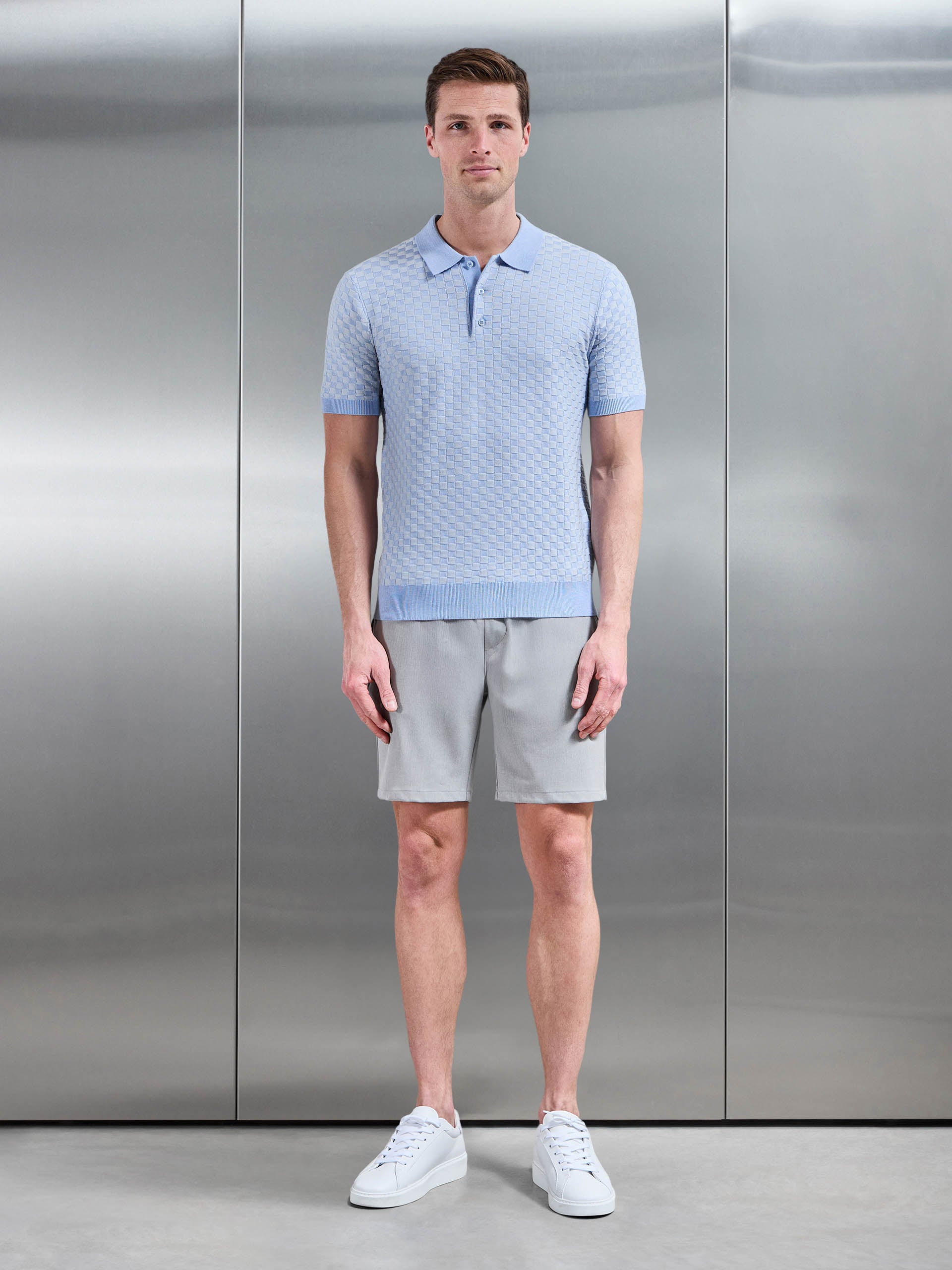 Square Contrast Textured Polo Shirt in Light Blue