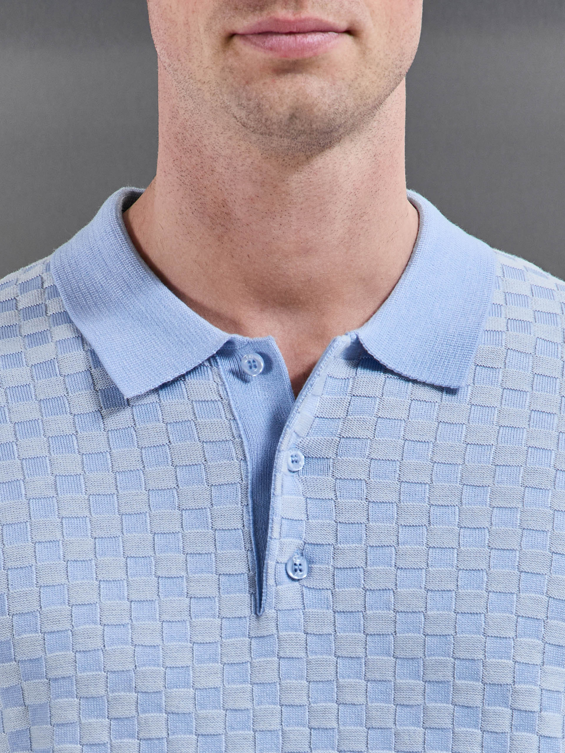 Square Contrast Textured Polo Shirt in Light Blue