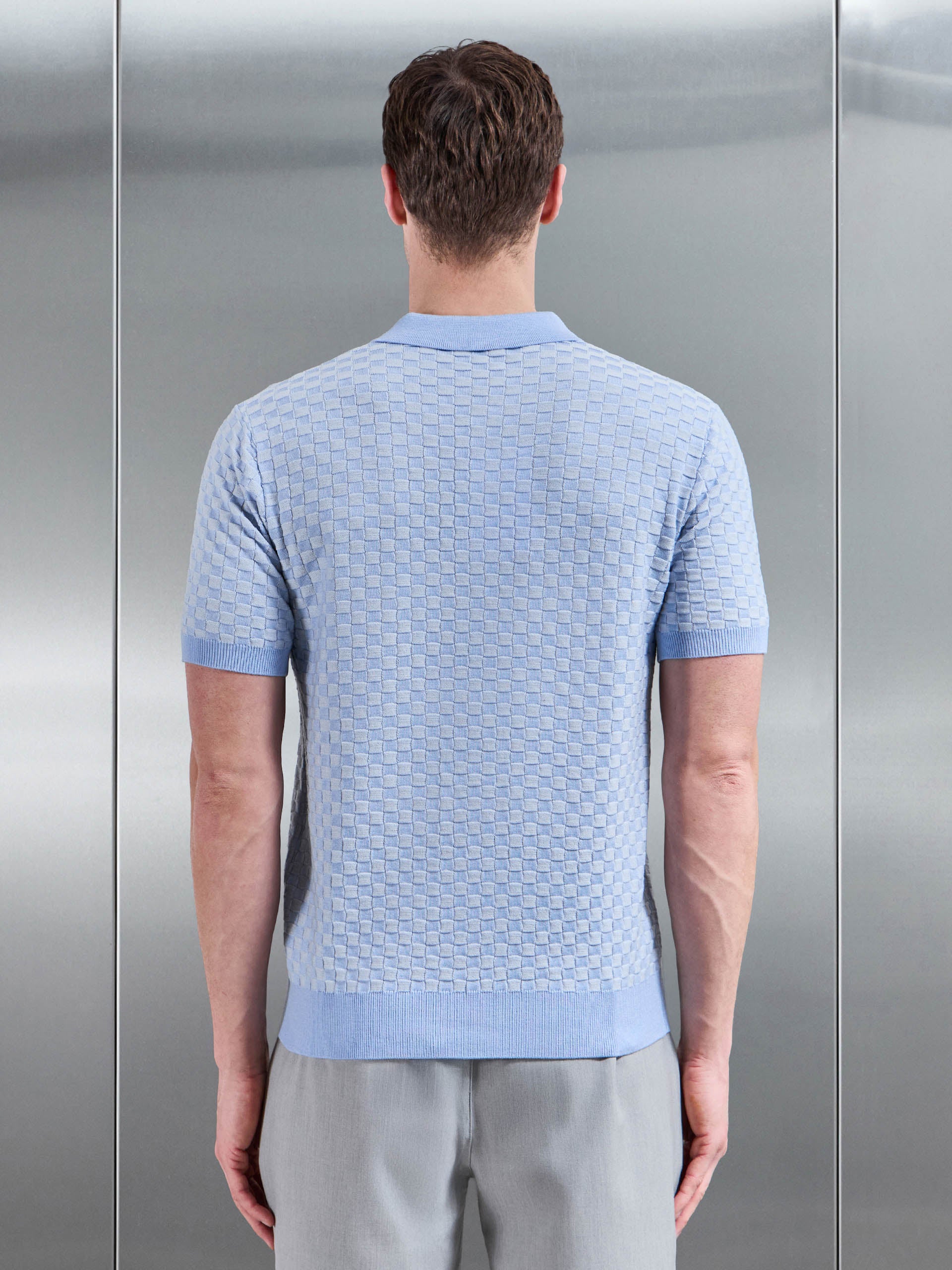 Square Contrast Textured Polo Shirt in Light Blue