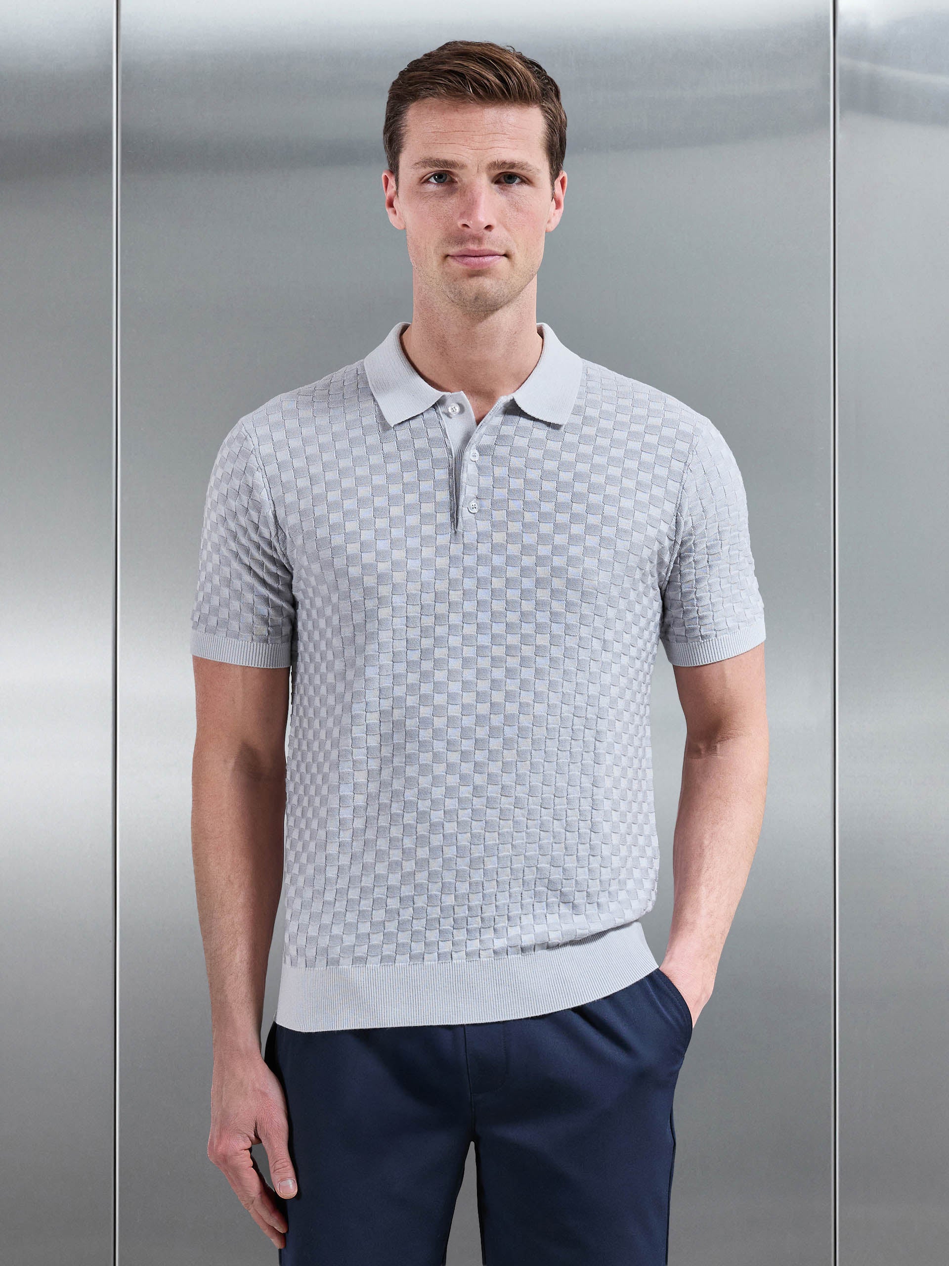 Square Contrast Textured Polo Shirt in Mid Grey