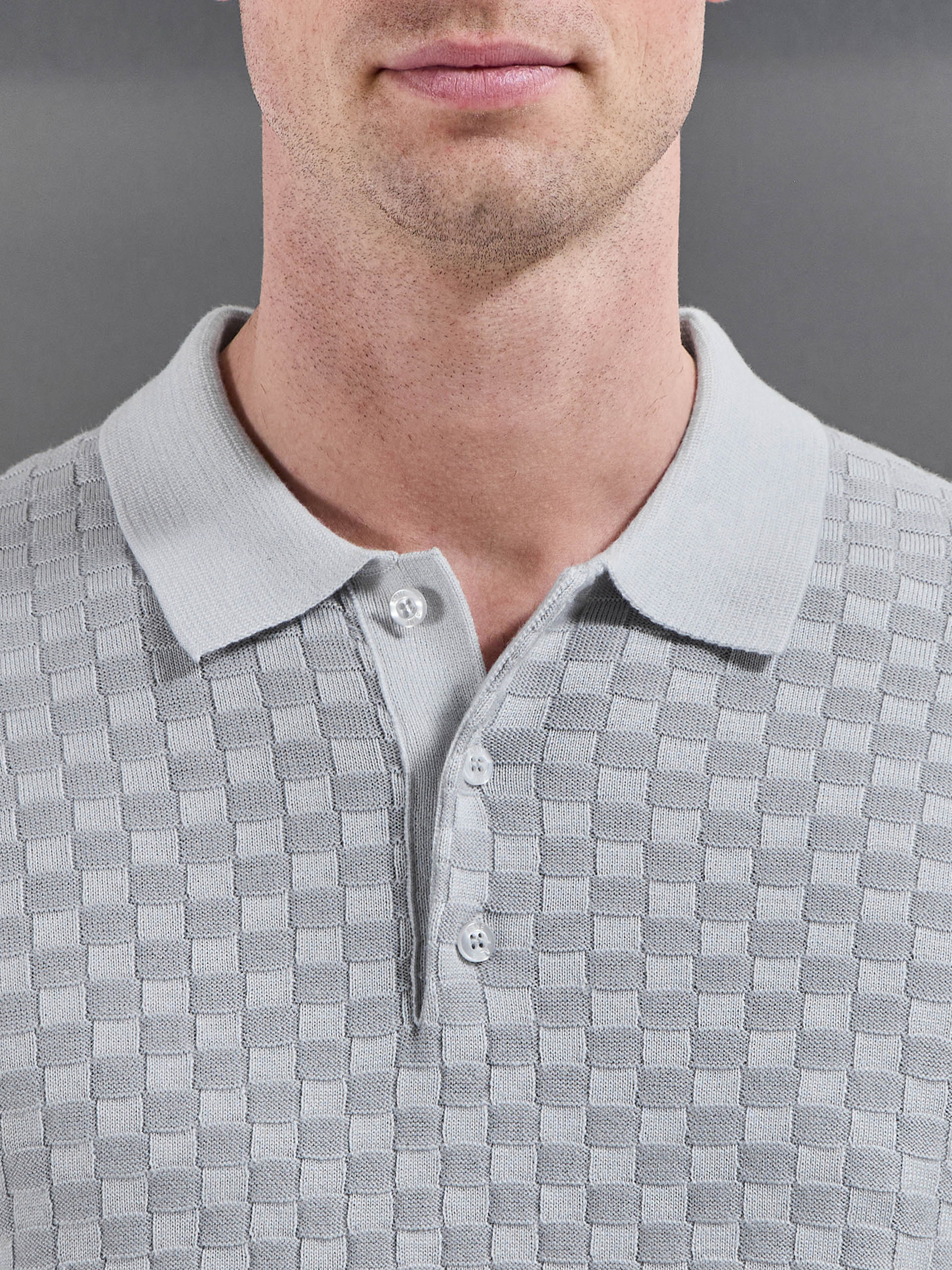 Square Contrast Textured Polo Shirt in Mid Grey