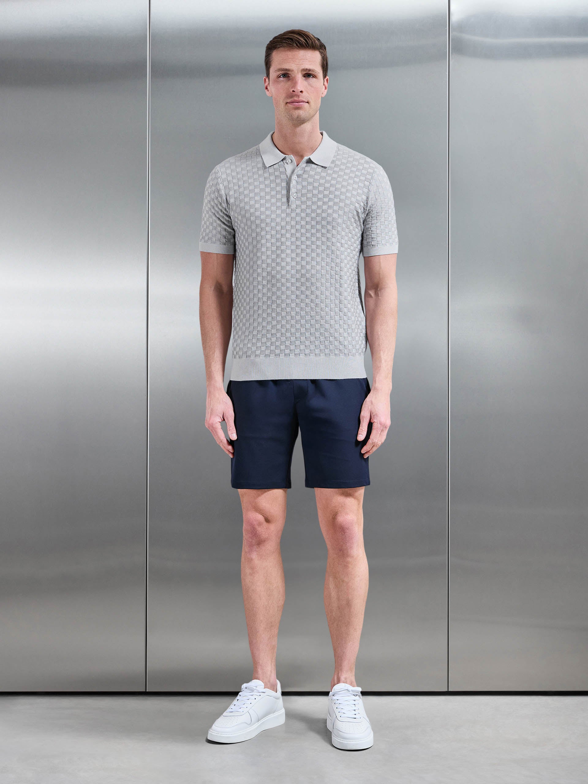 Square Contrast Textured Polo Shirt in Mid Grey
