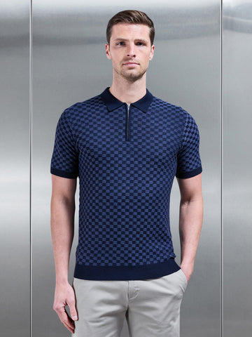 Square Contrast Textured Polo Shirt in Navy