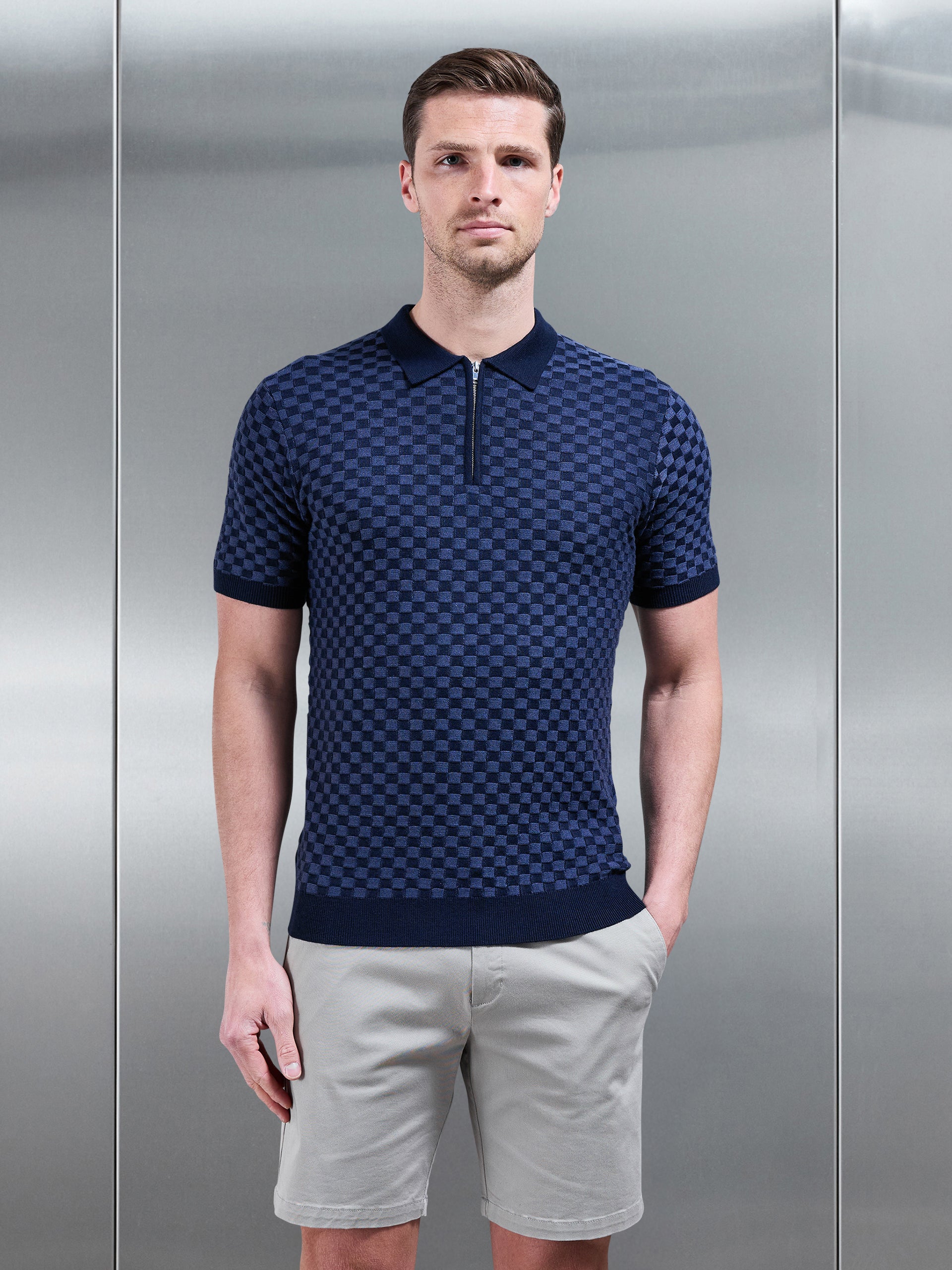 Square Contrast Textured Polo Shirt in Navy