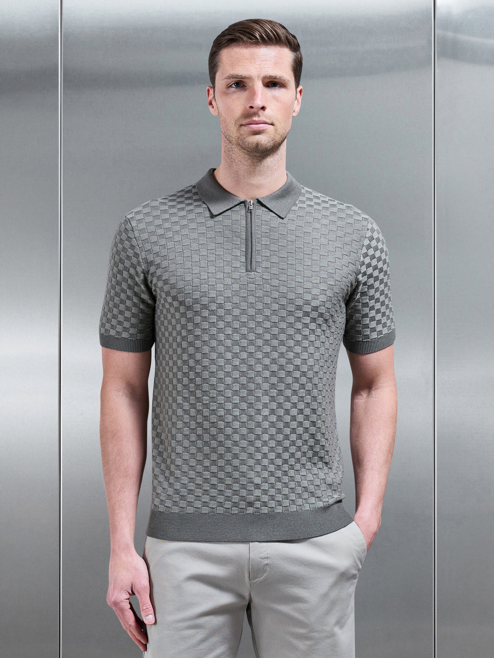 Square Contrast Textured Polo Shirt in Sage