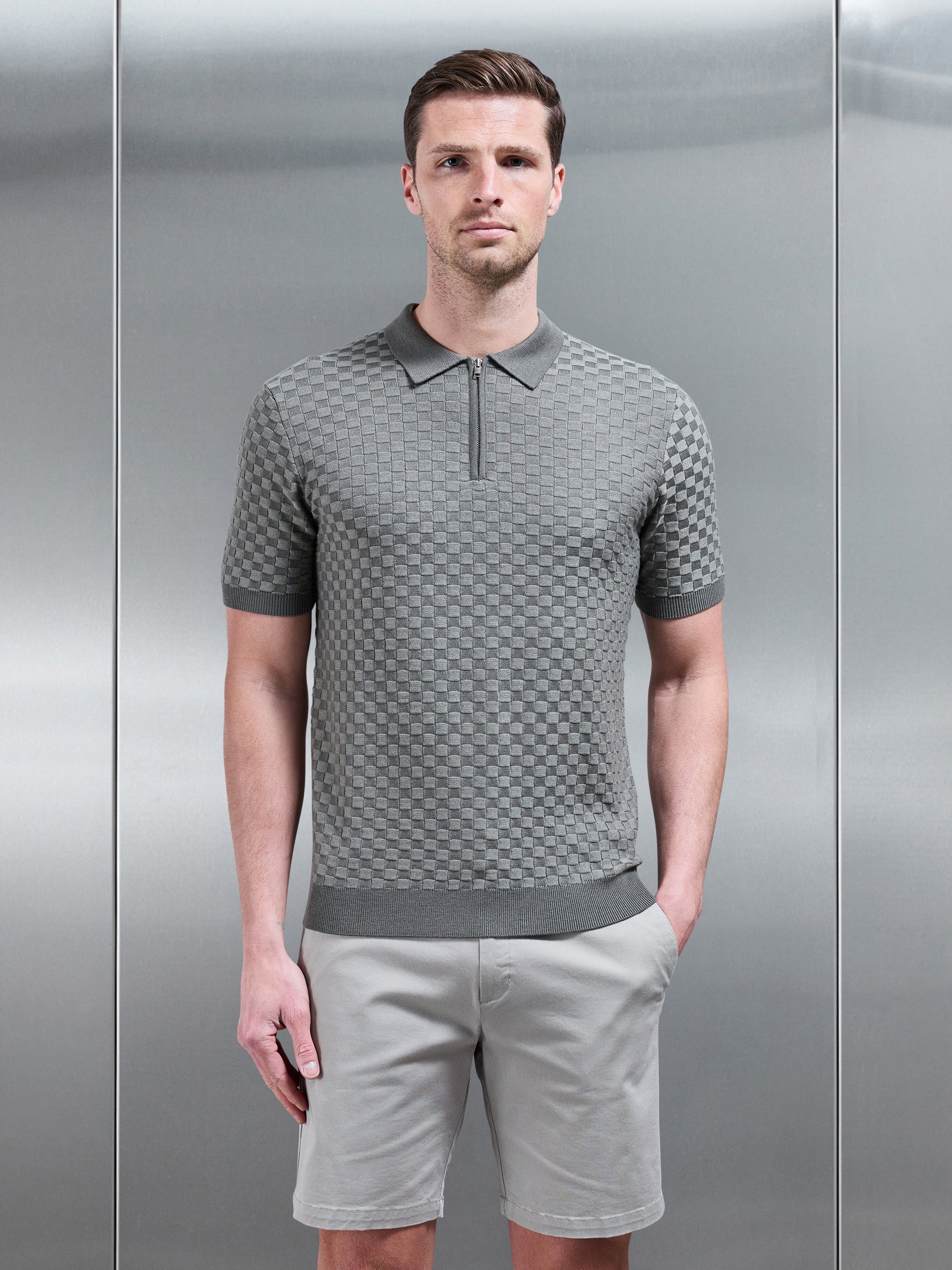 Square Contrast Textured Polo Shirt in Sage