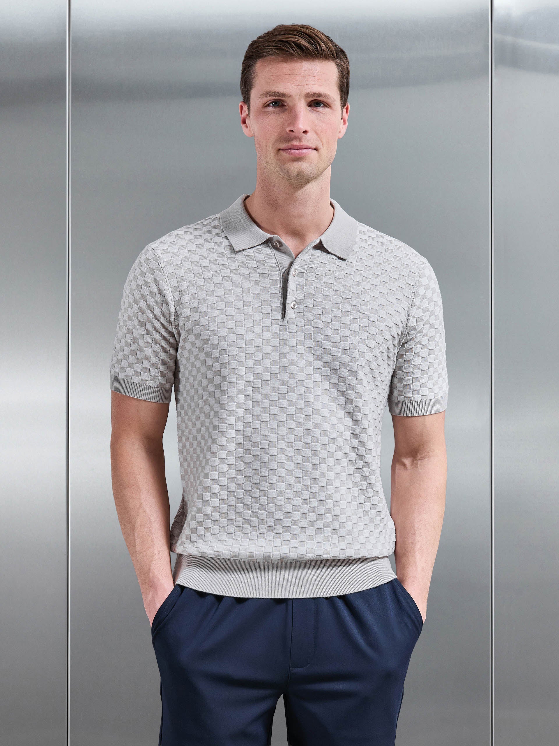 Square Contrast Textured Polo Shirt in Stone