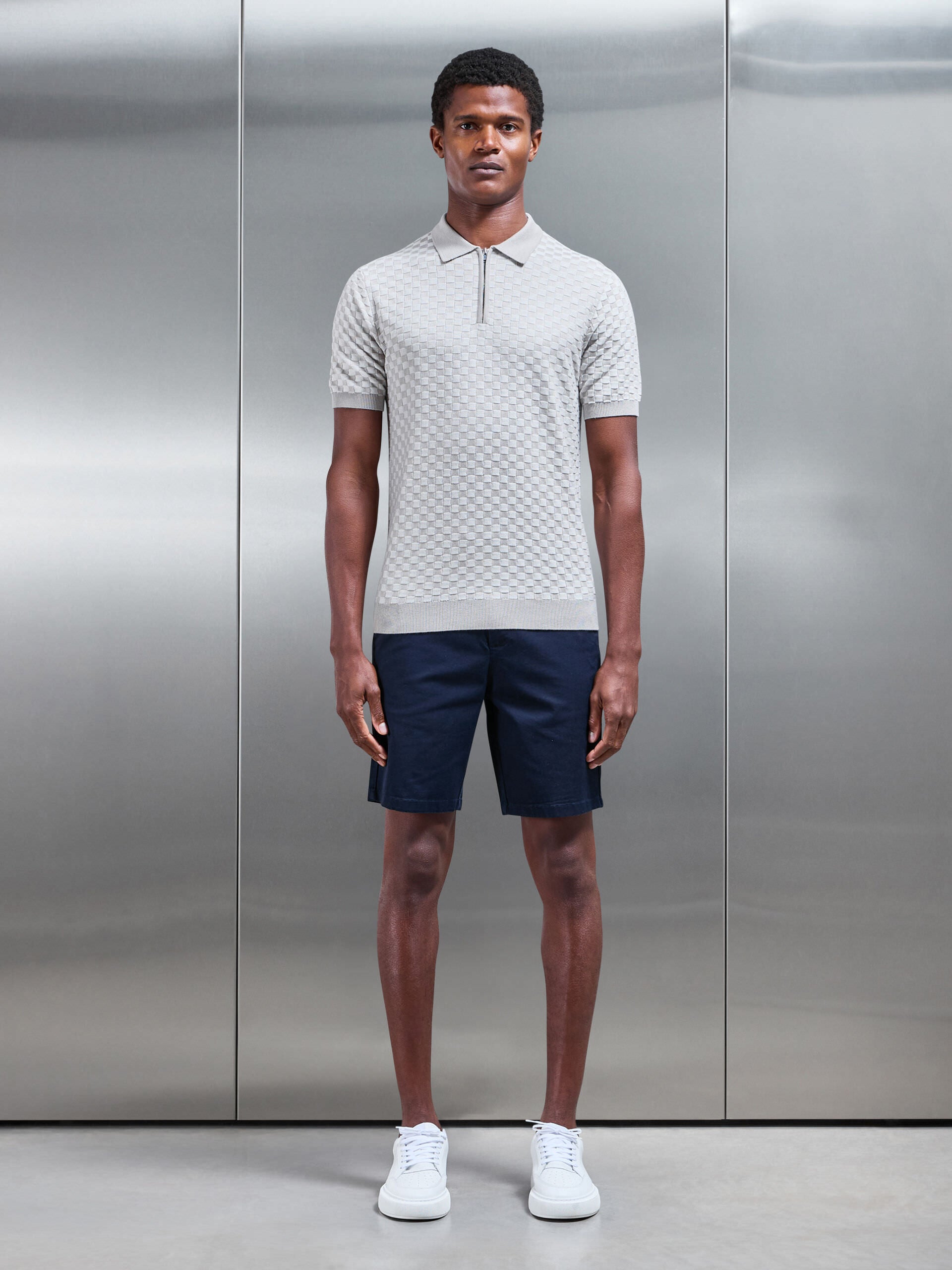 Square Contrast Textured Polo Shirt in Stone