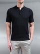 Square Textured Knitted Button Polo Shirt in Black