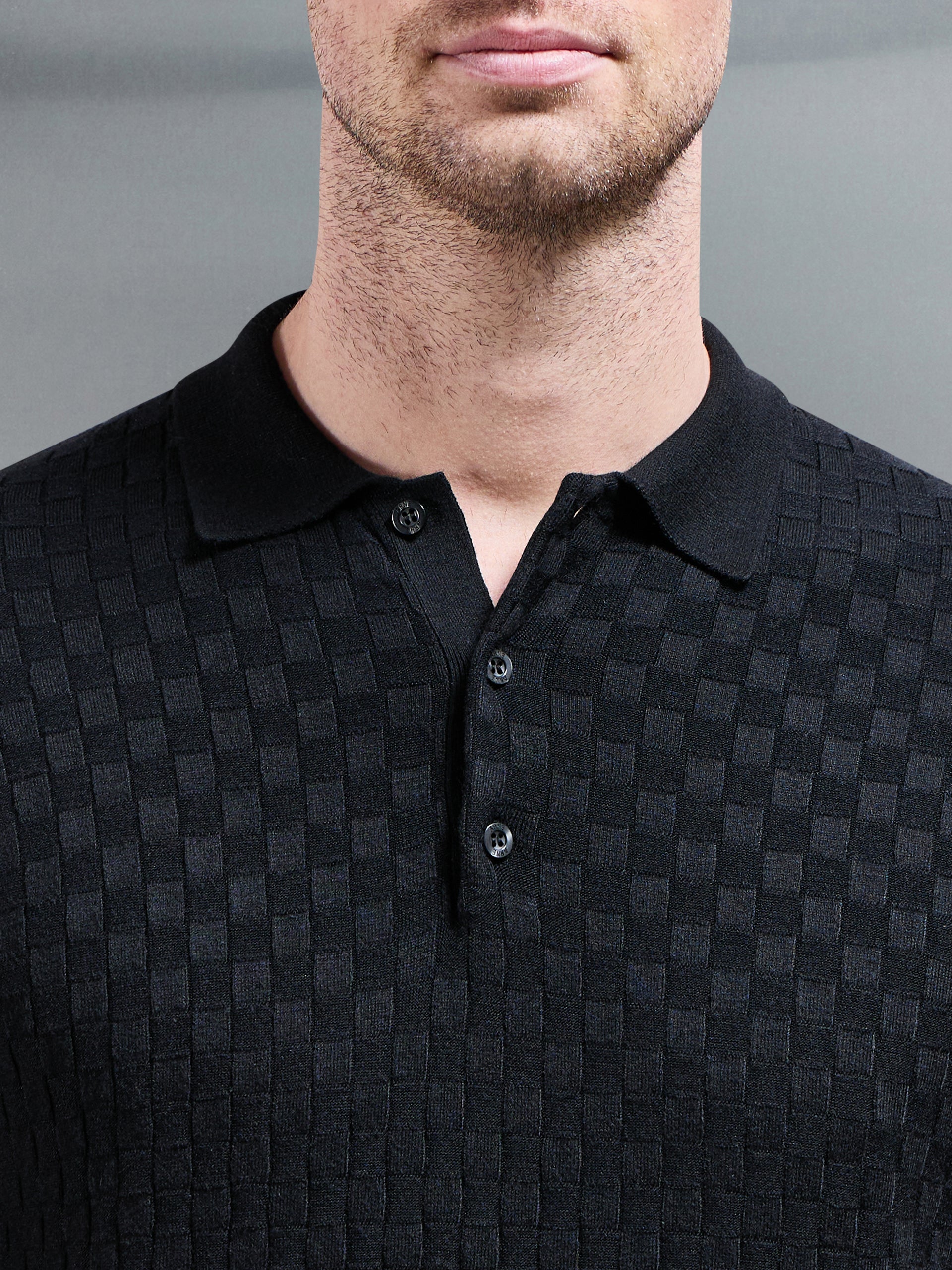 Square Textured Knitted Button Polo Shirt in Black