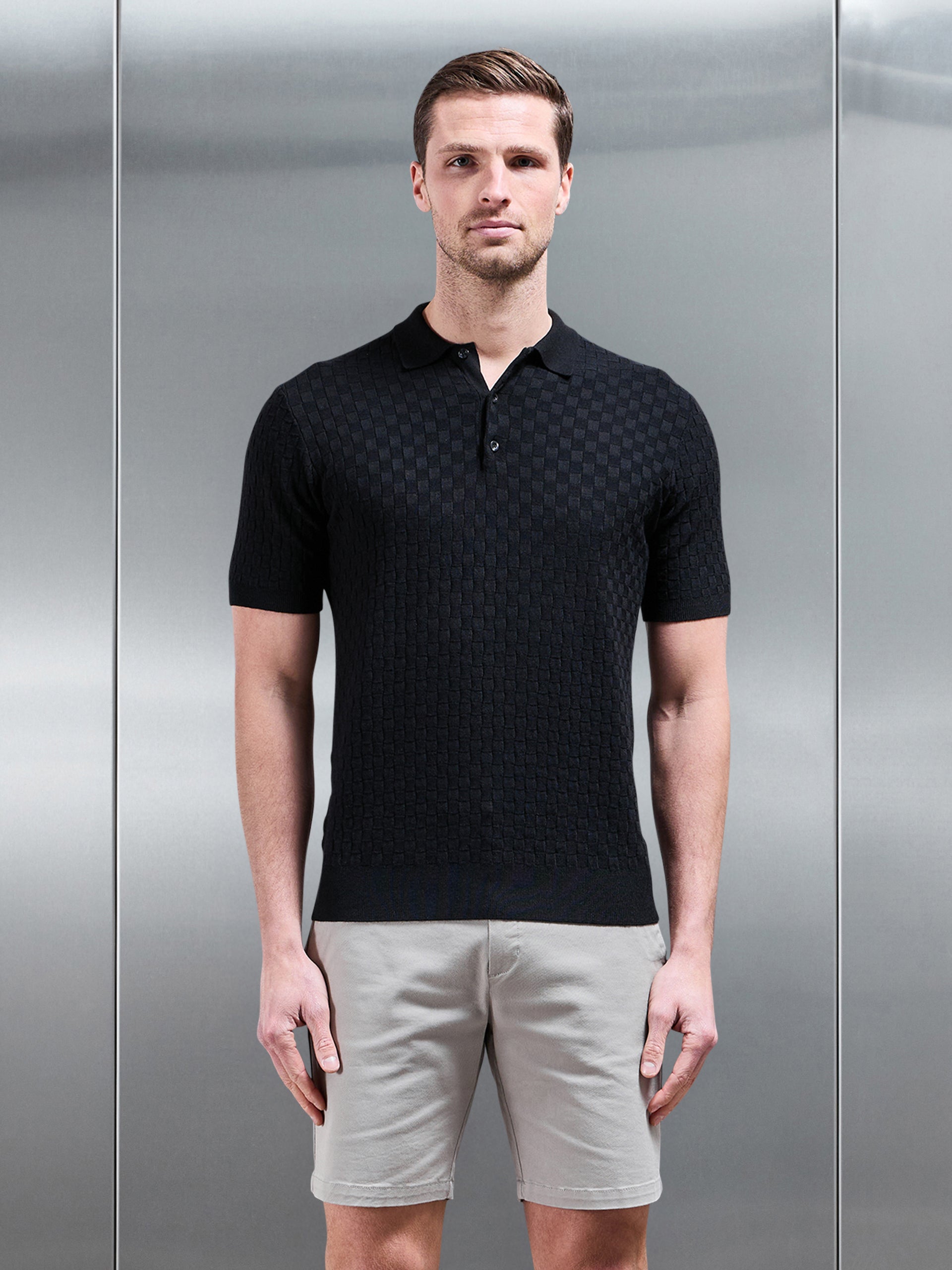 Square Textured Knitted Button Polo Shirt in Black