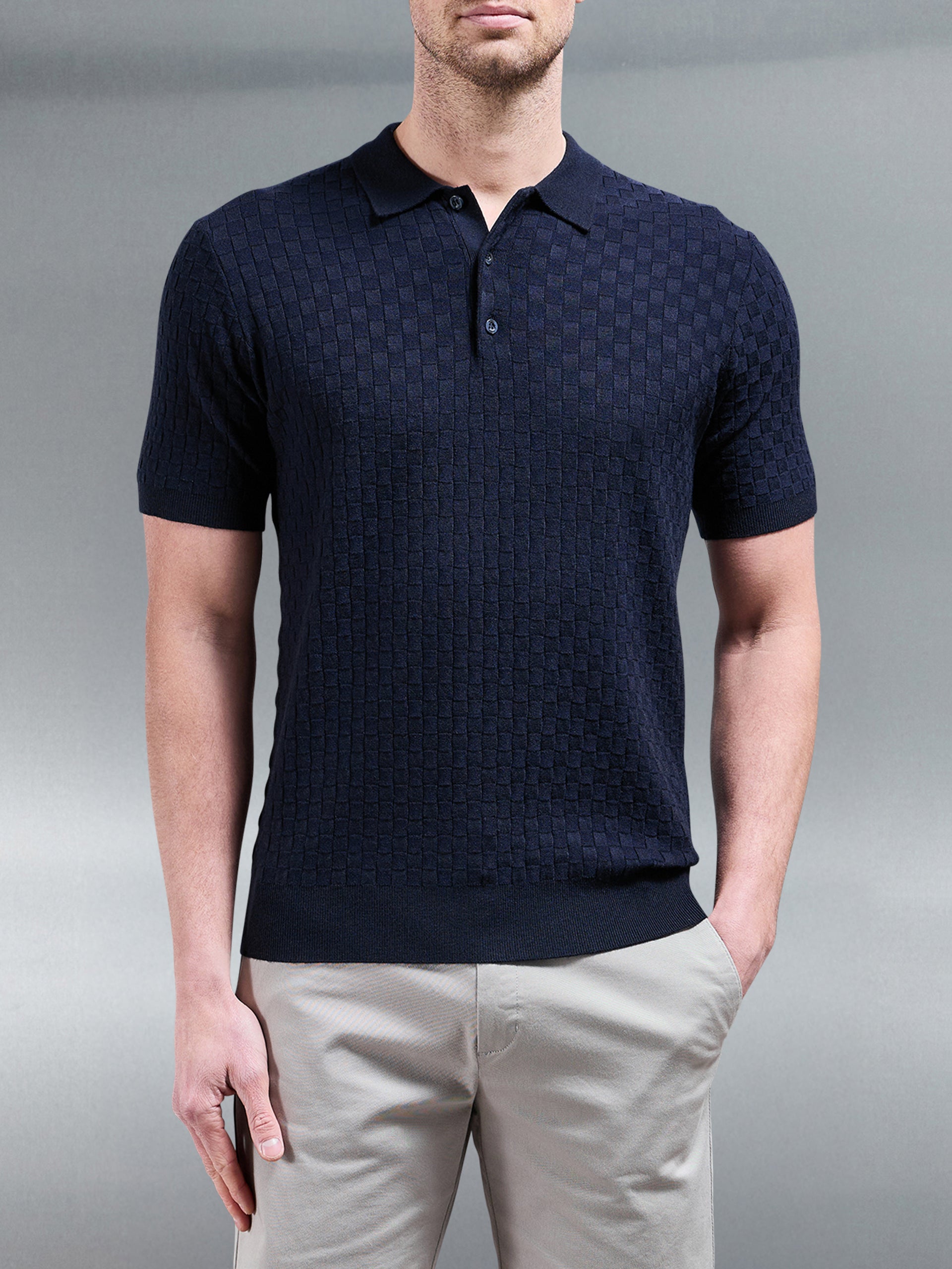 Square Textured Knitted Button Polo Shirt in Navy