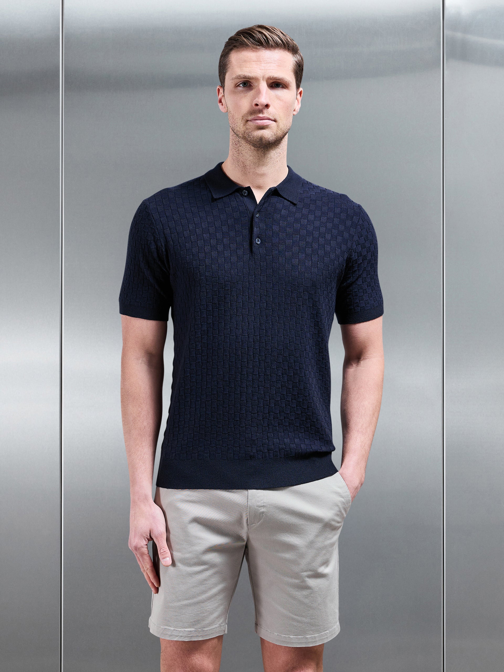 Square Textured Knitted Button Polo Shirt in Navy