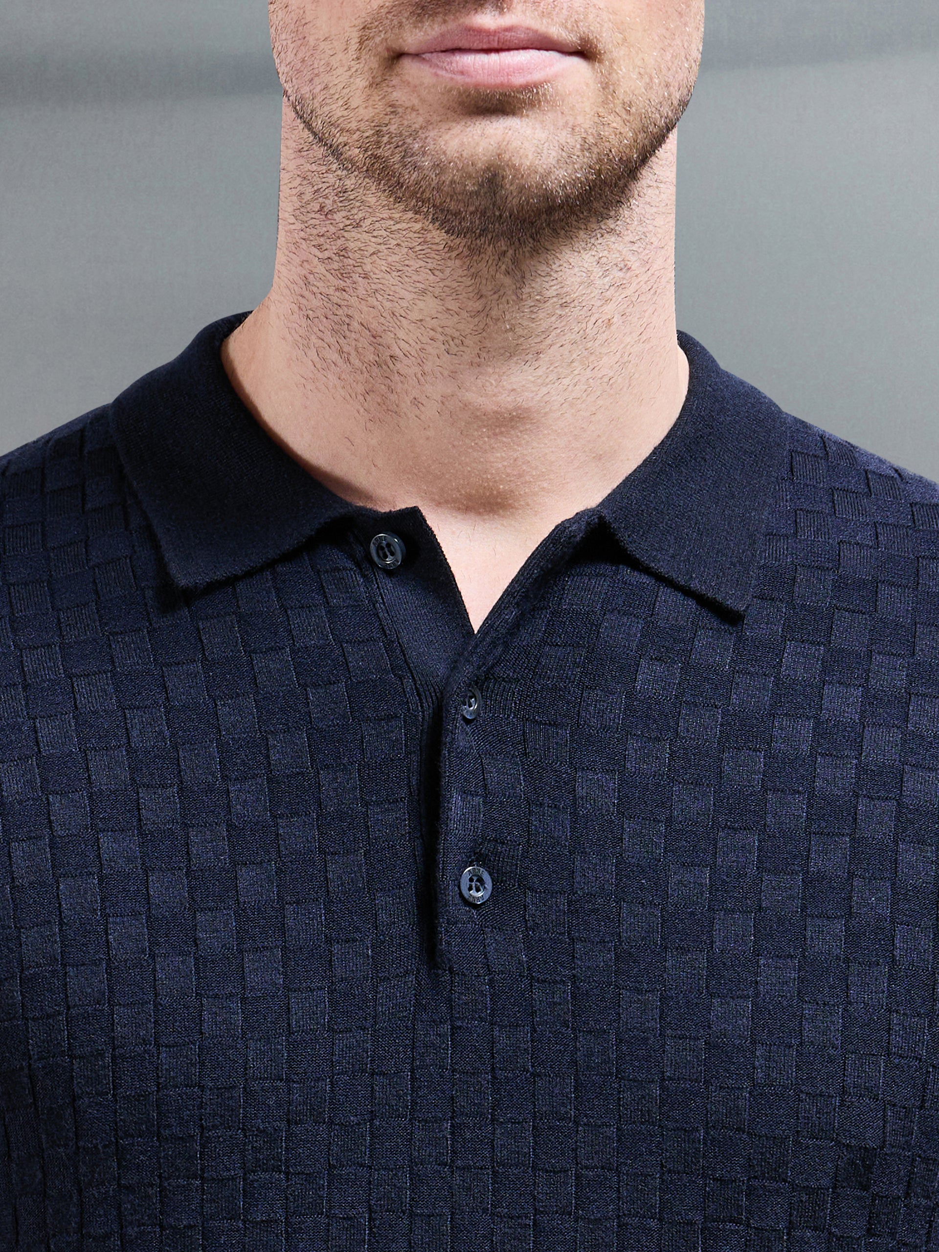 Square Textured Knitted Button Polo Shirt in Navy