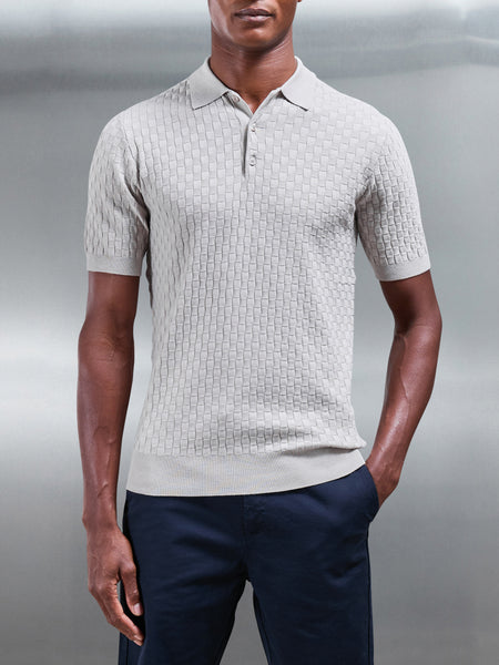 Square Textured Knitted Button Polo Shirt in Stone