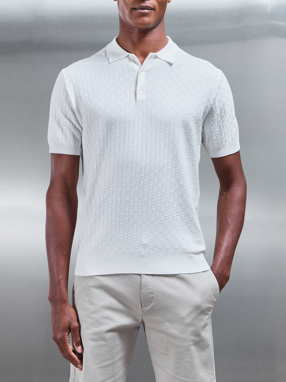 Square Textured Knitted Button Polo Shirt in White