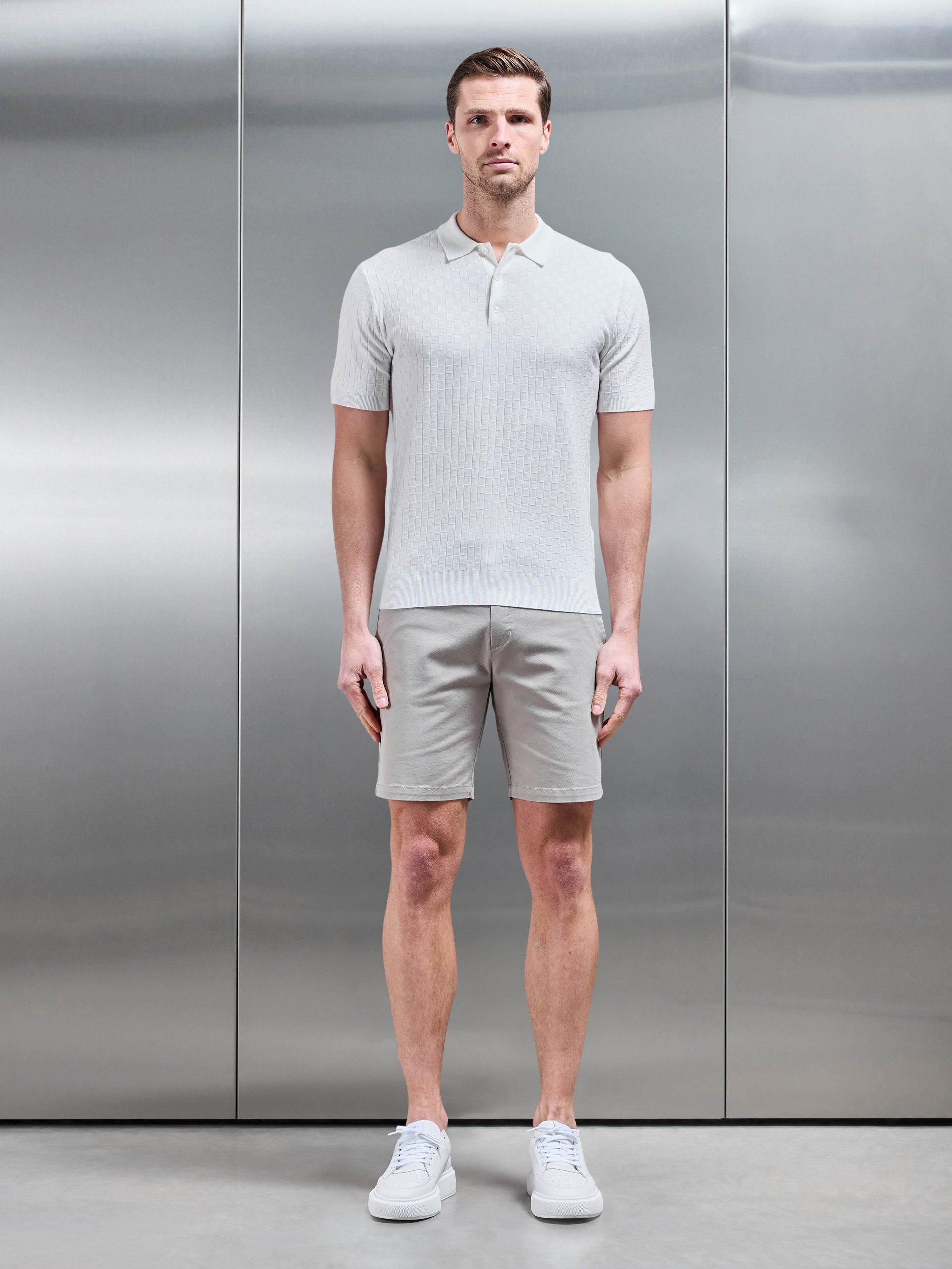 Square Textured Knitted Button Polo Shirt in White