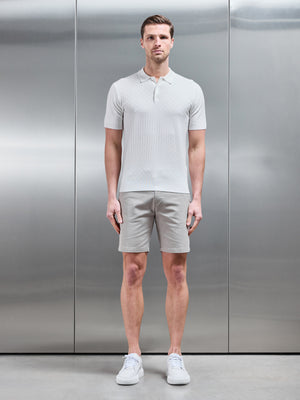 Square Textured Knitted Button Polo Shirt in White