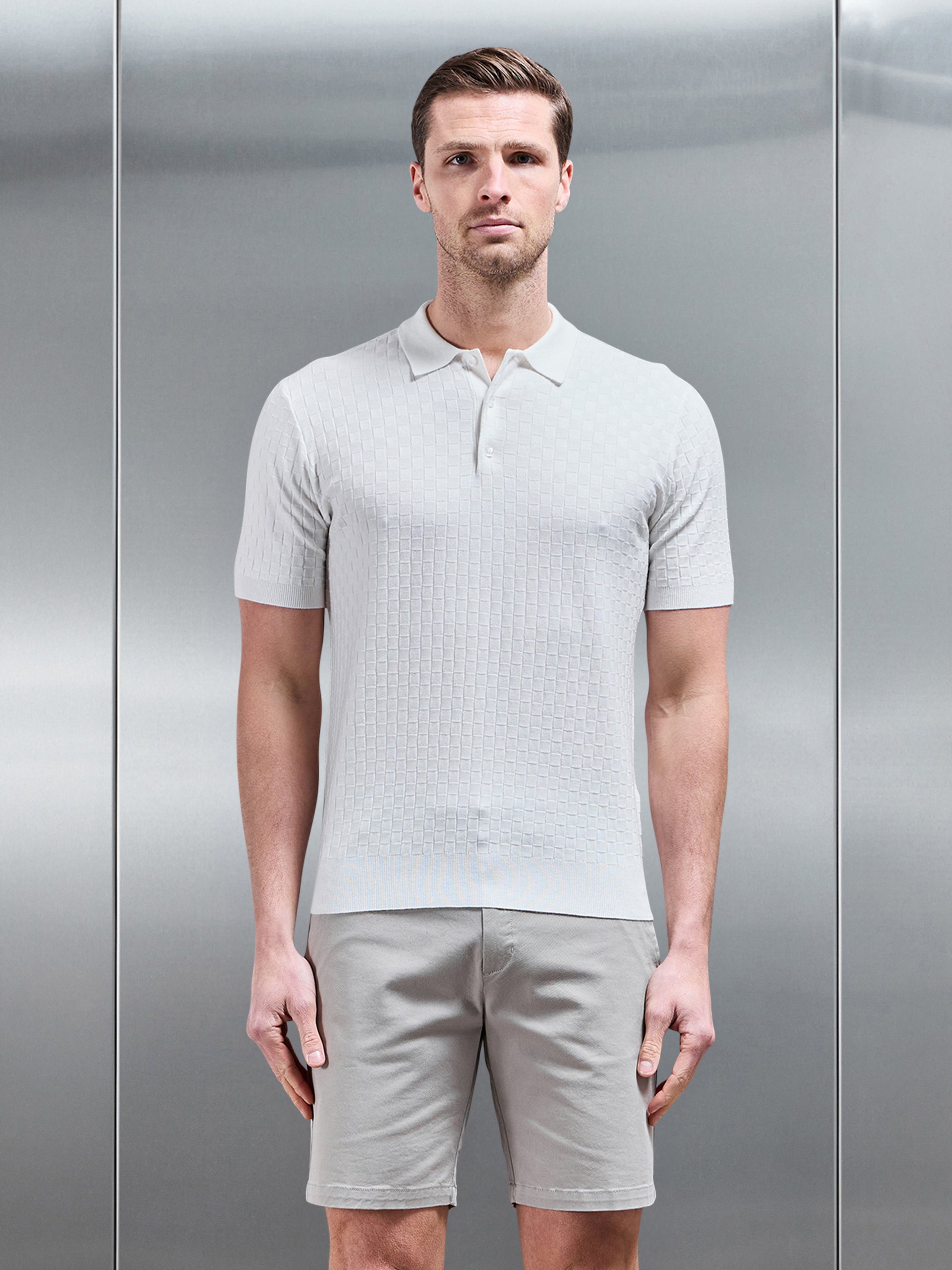 Square Textured Knitted Button Polo Shirt in White