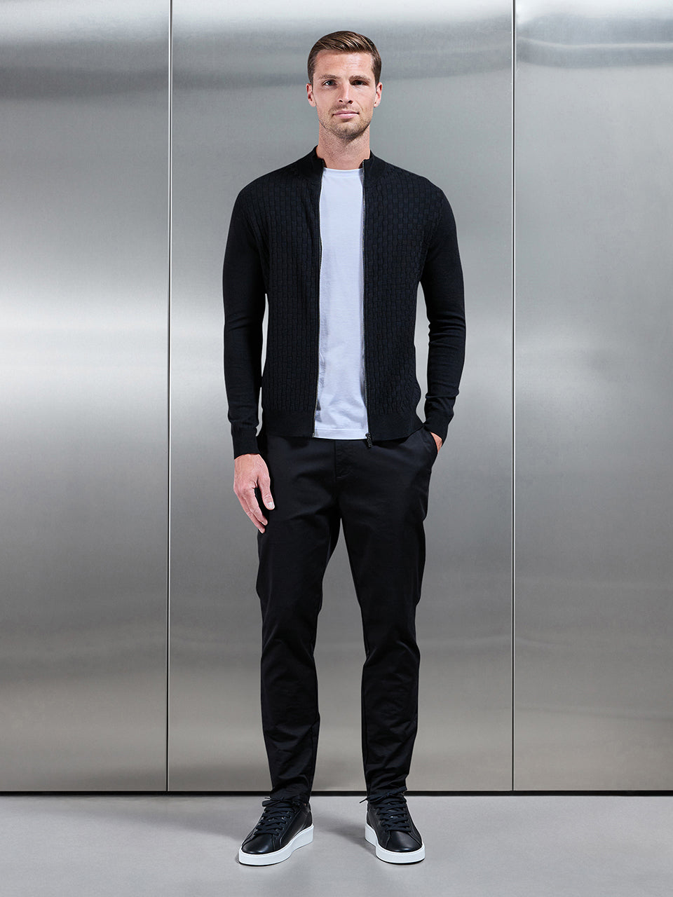 Square Textured Zip Through Jacket in Black