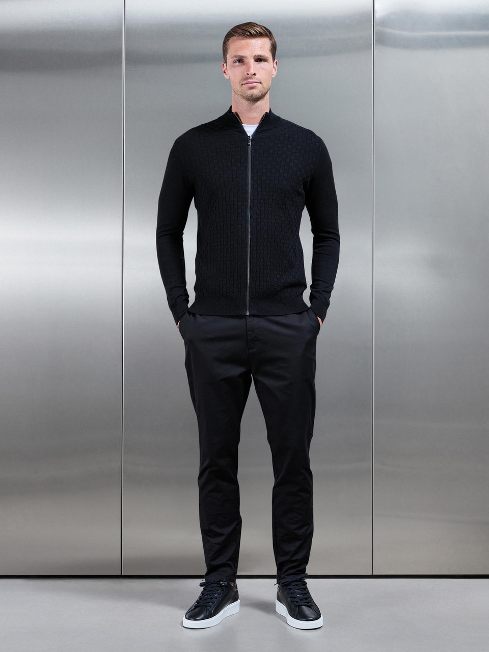 Square Textured Zip Through Jacket in Black