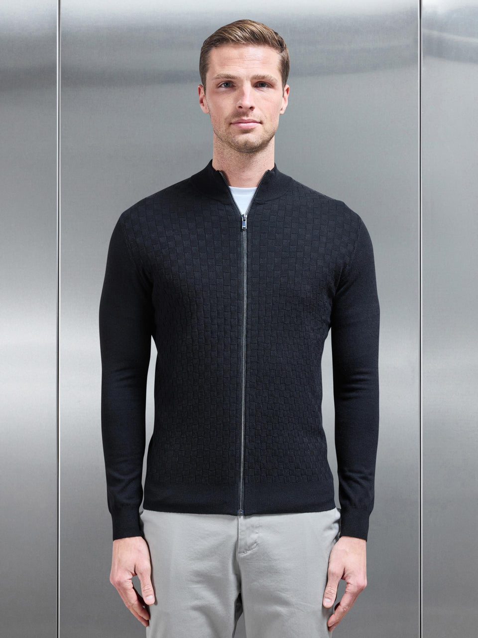 Square Textured Zip Through Jacket in Black