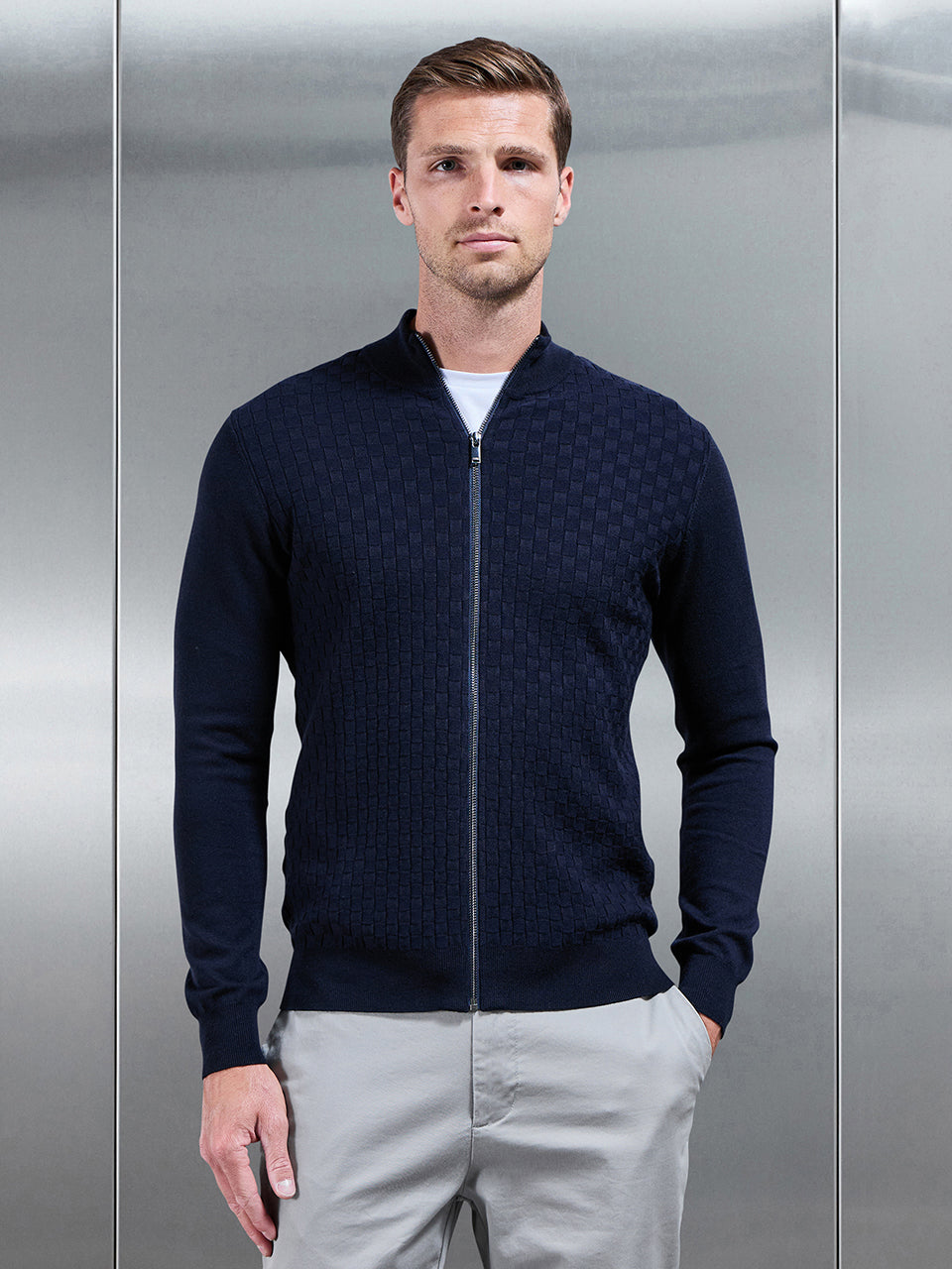 Square Textured Zip Through Jacket in Navy