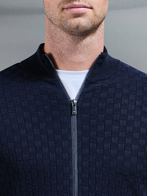 Square Textured Zip Through Jacket in Navy