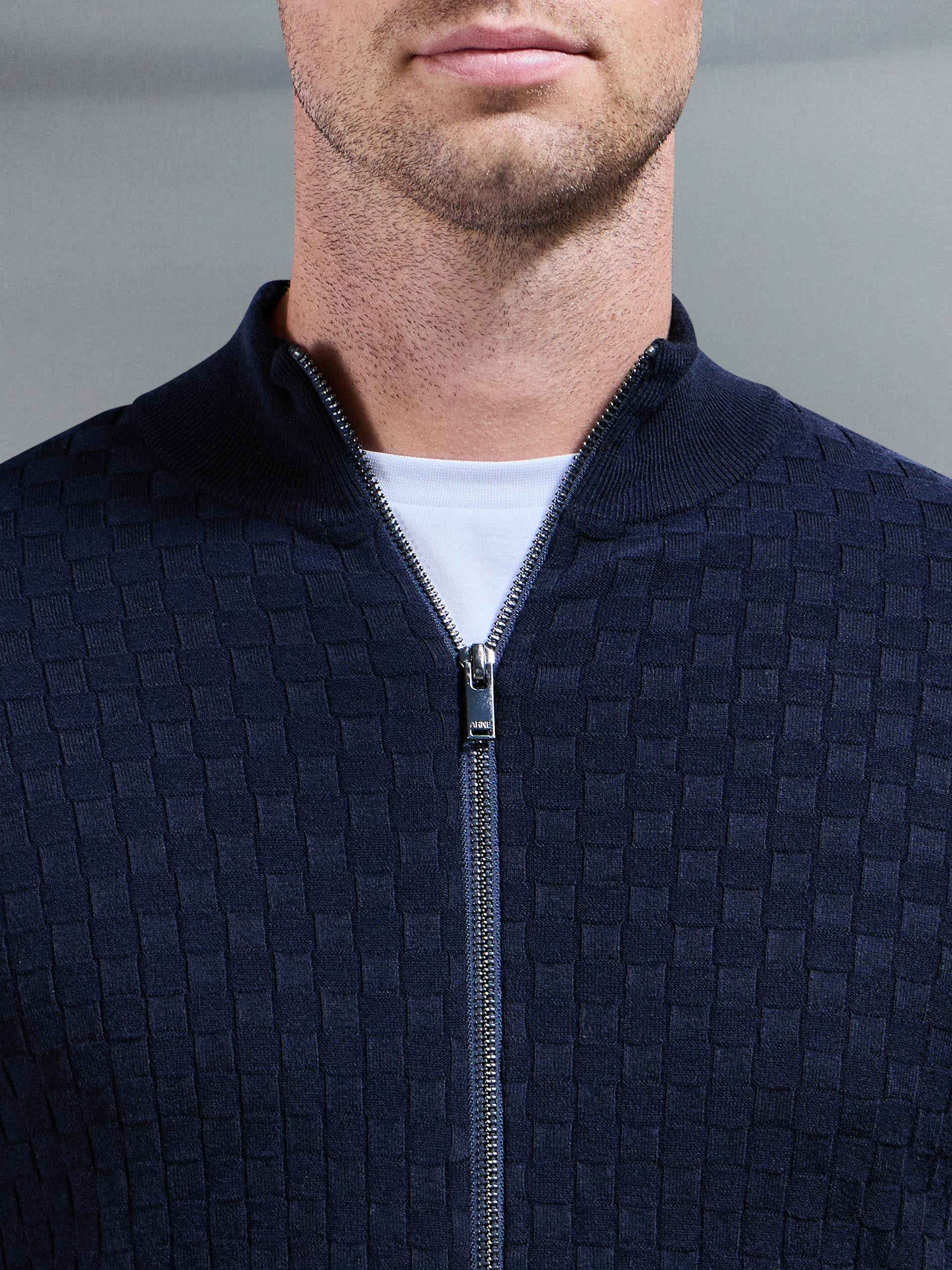 Square Textured Zip Through Jacket in Navy