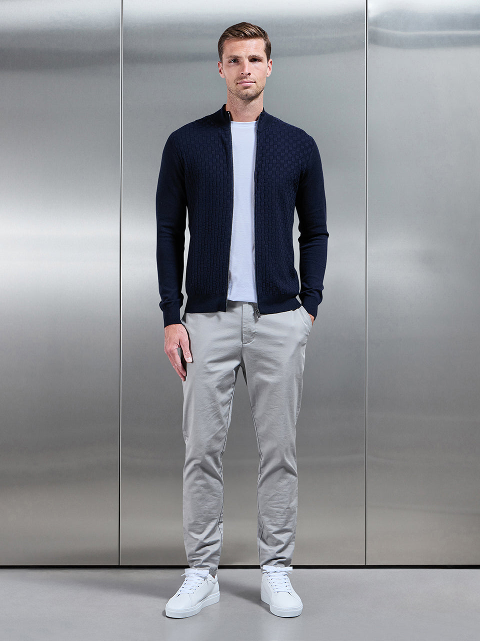 Square Textured Zip Through Jacket in Navy