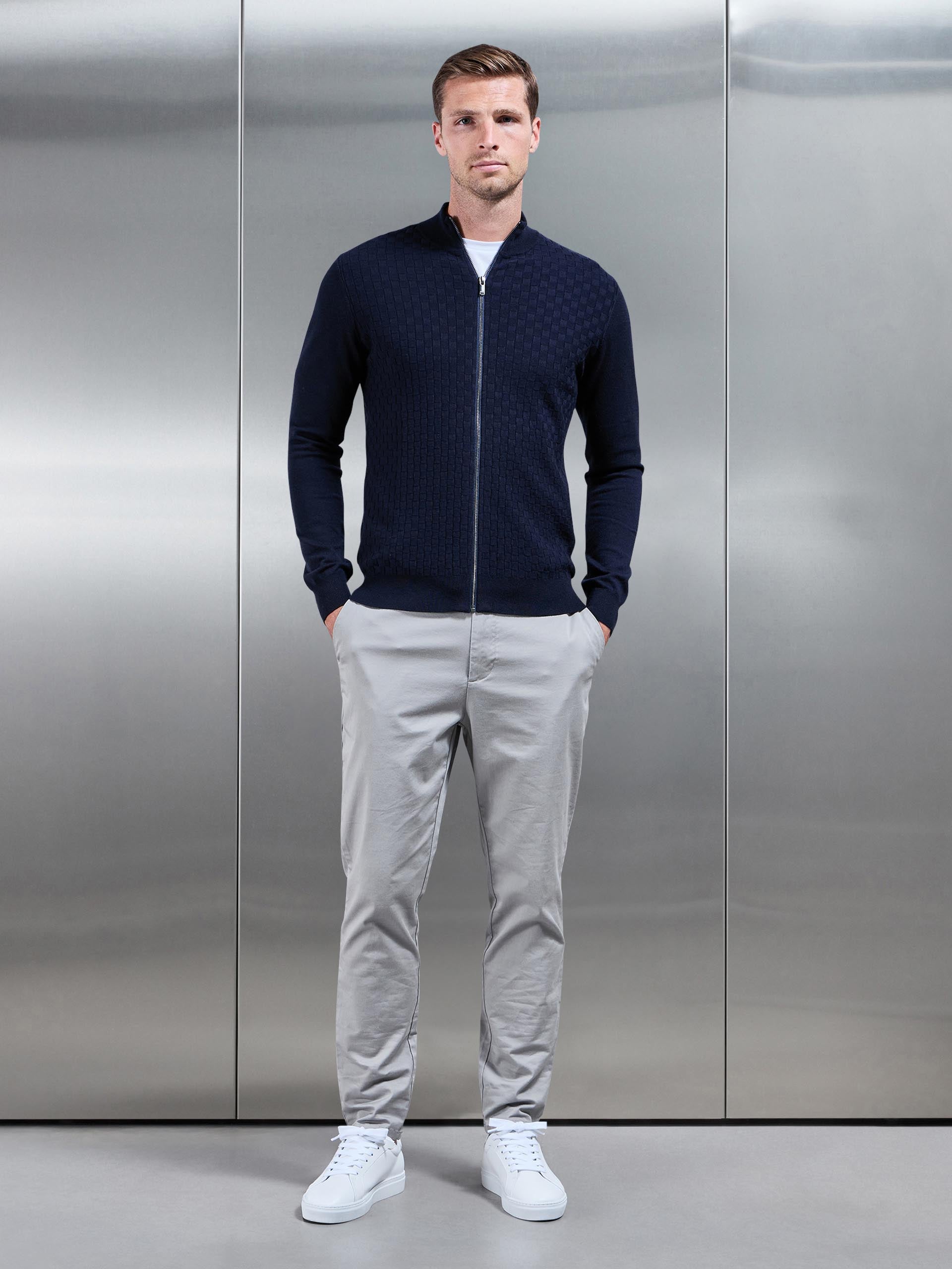 Square Textured Zip Through Jacket in Navy